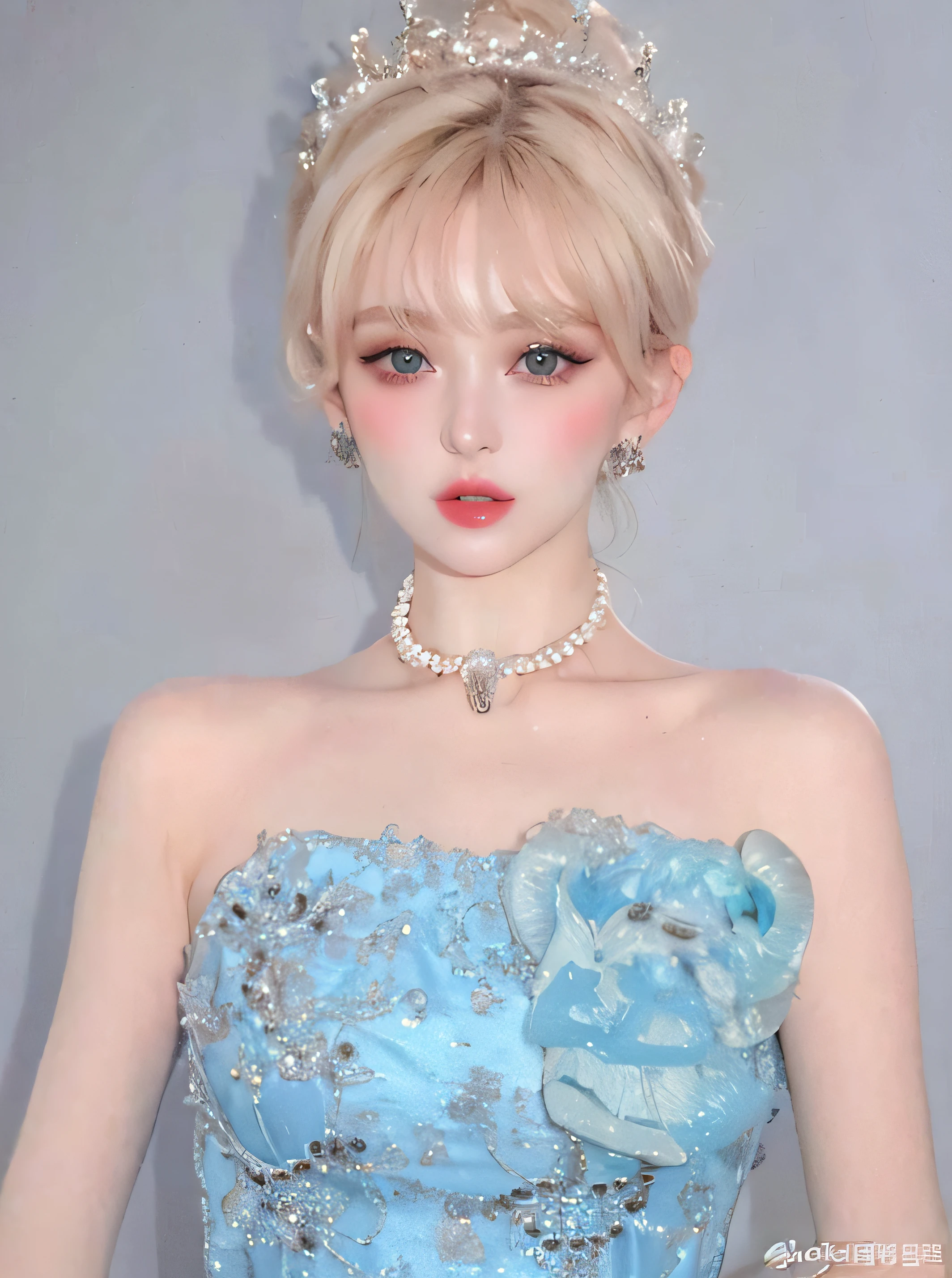 a close up of a doll wearing a blue dress and a tiable, cai xukun, pale porcelain white skin, porcelain pale skin, she has pale blue skin!!!, inspired by Yanjun Cheng, yanjun chengt, lalisa manobal, ulzzang, ball jointed doll, with blue skin, pale fair skin!!, pale bluish skin