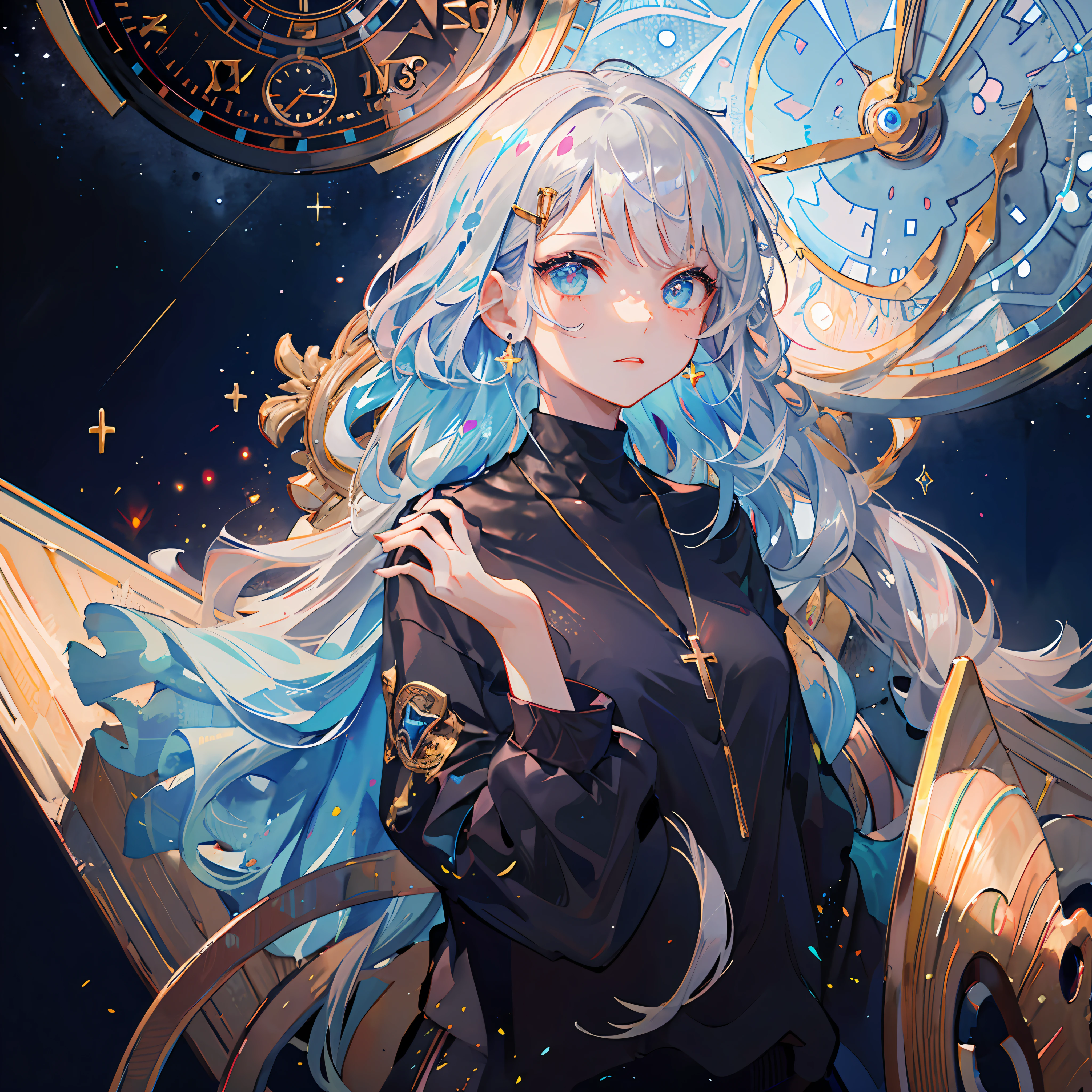 (Masterpiece, Top Quality, Best Quality, Watercolor (Medium), Official Art, Beauty and Aesthetics: 1.2), (1girl: 1.3), (Fractal Art: 1.3), Upper Body, Looking from the Side, Looking at the Viewer, Pattern, (Rainbow Hair, Colored Hair, Half Blue and Half Silver-gray Hair: 1.2) Male, Black T-shirt, Gorgeous Gold Cross Pendant on Chest, Huge Classical Clock Gorgeous Fine Behind Back, Magic Starry Sky 8K, The Strongest Top Masterpiece, The Strongest Top Quality