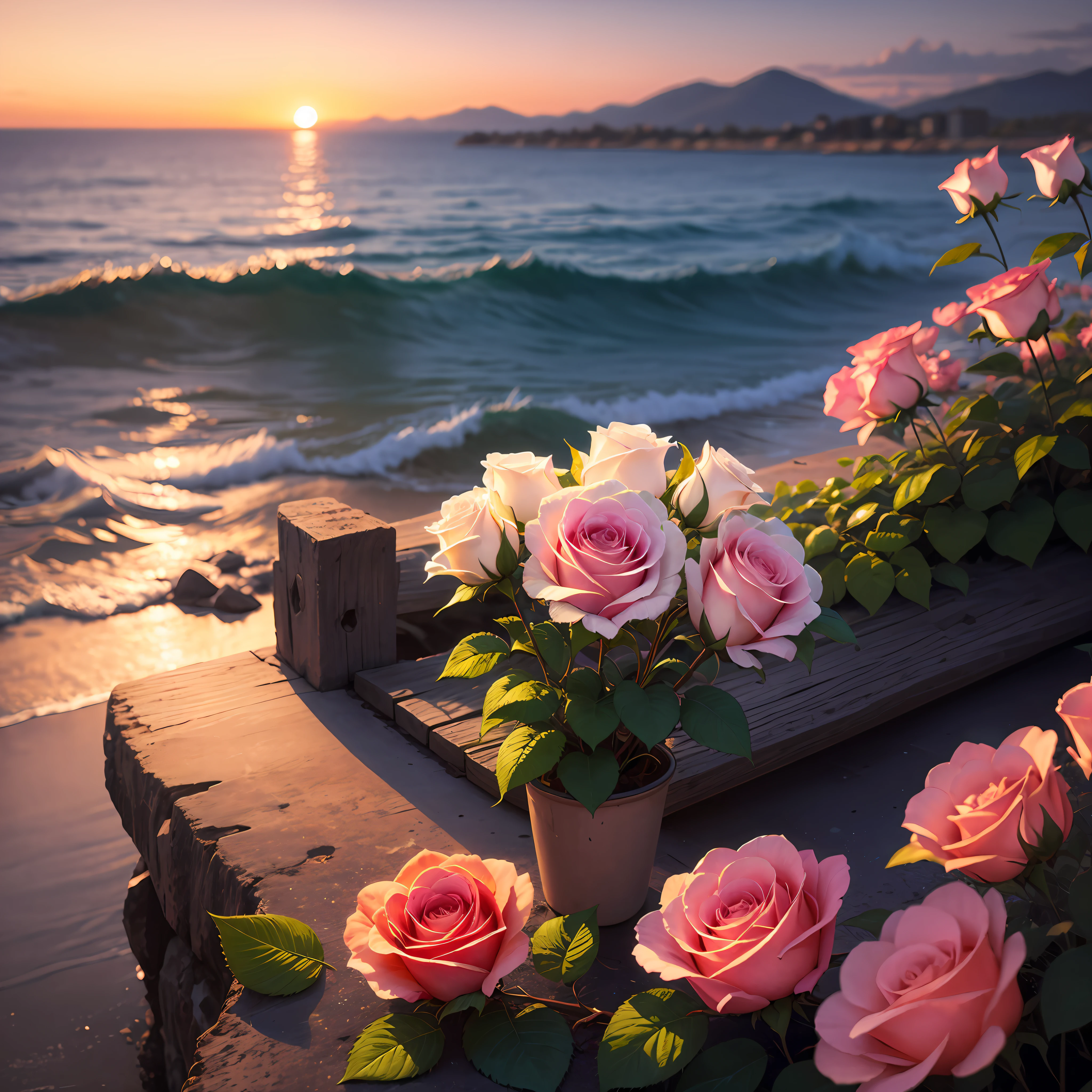 White roses, sea of flowers, sunset of the city, high definition, high detail, perfect pixels --auto