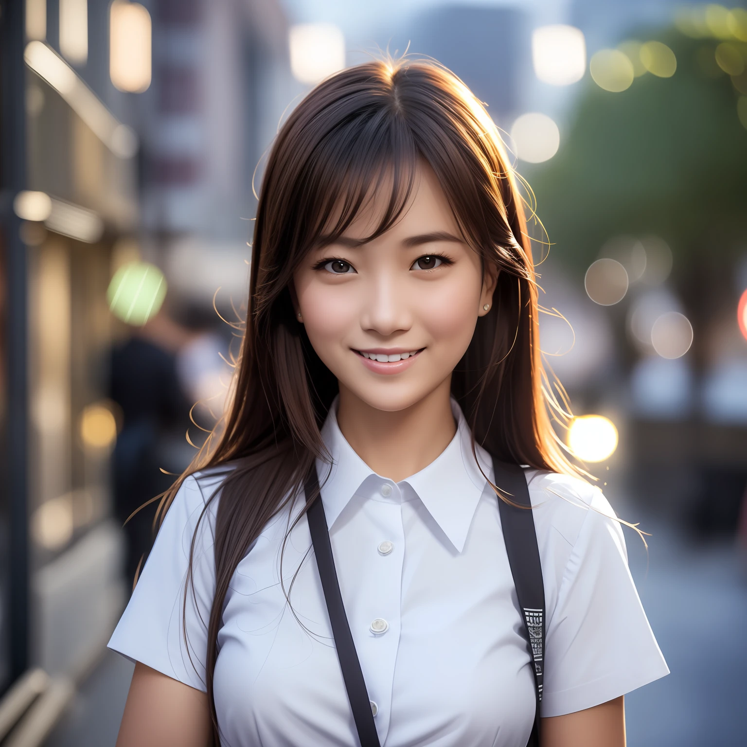 A thirty-year-old girl with a national character face, a smile with two deep dimples, big eyes with silkworms under the eyes, a round chin, a nose that is not too straight, a very plump and good-looking mouth, a ponytail combing, a white vest on the upper body, slim leggings on the lower body, and slender legs. Walk the bustling streets. --auto