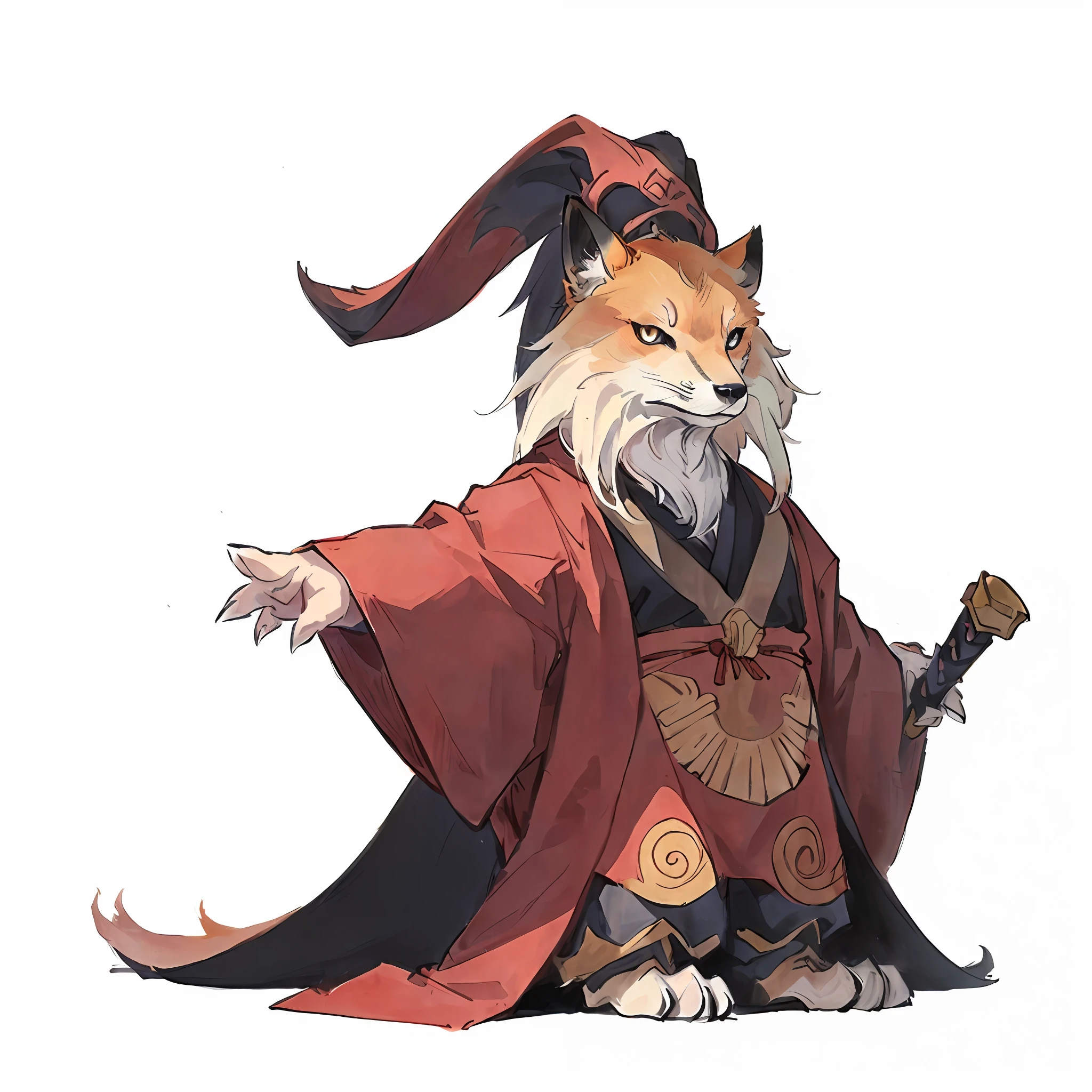 Q version cartoon 2 head-to-body ratio, anthropomorphic fox male, animal image design, fox image wearing with ancient gorgeous clothes, cute expression big eyes, weapons, very handsome and tall, Q version cartoon monster standing painting, oblique standing, side view, sideways standing, full body portrait, cool shape