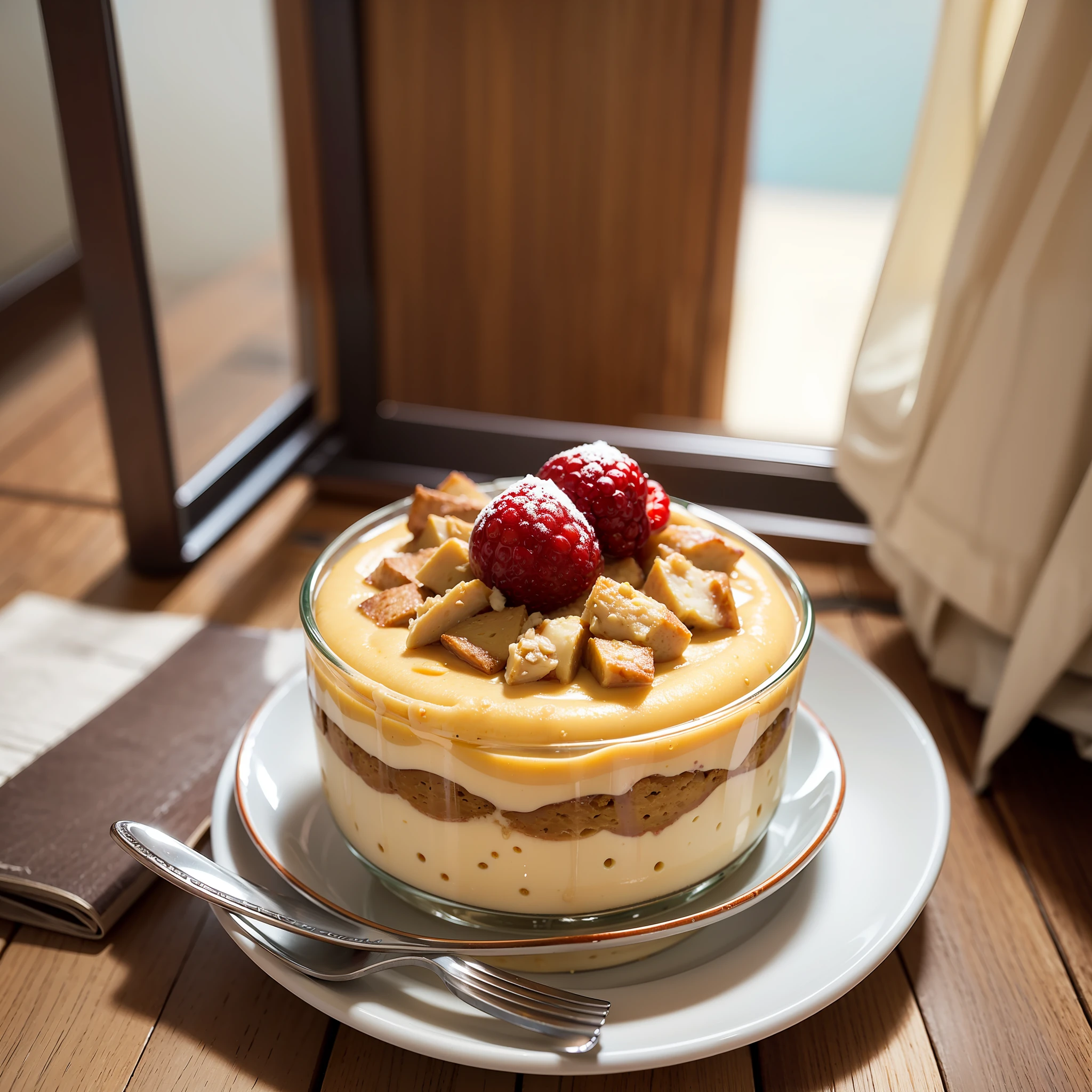 There is a delicious-looking custard pudding on the desk.