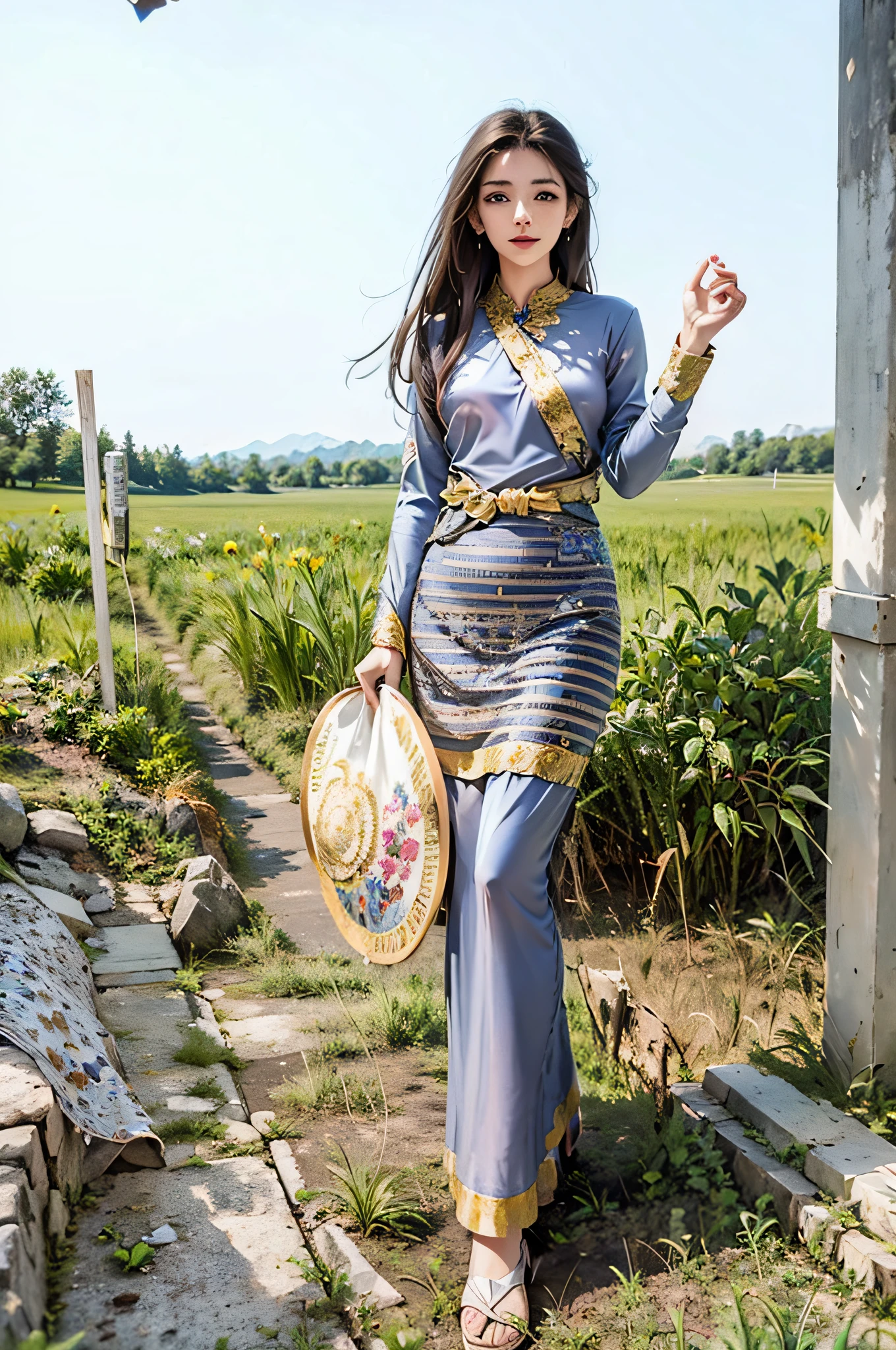 araffe woman in a silver dress standing in a field, sukhothai costume, traditional tai costume, traditional dress, wearing traditional garb, traditional clothes, traditional beauty, ao dai, traditional, wearing an elegant tribal outfit, traditional clothing, in style of lam manh, traditional costume, tai costume, wearing authentic attire, very beautiful enga style, cheongsam