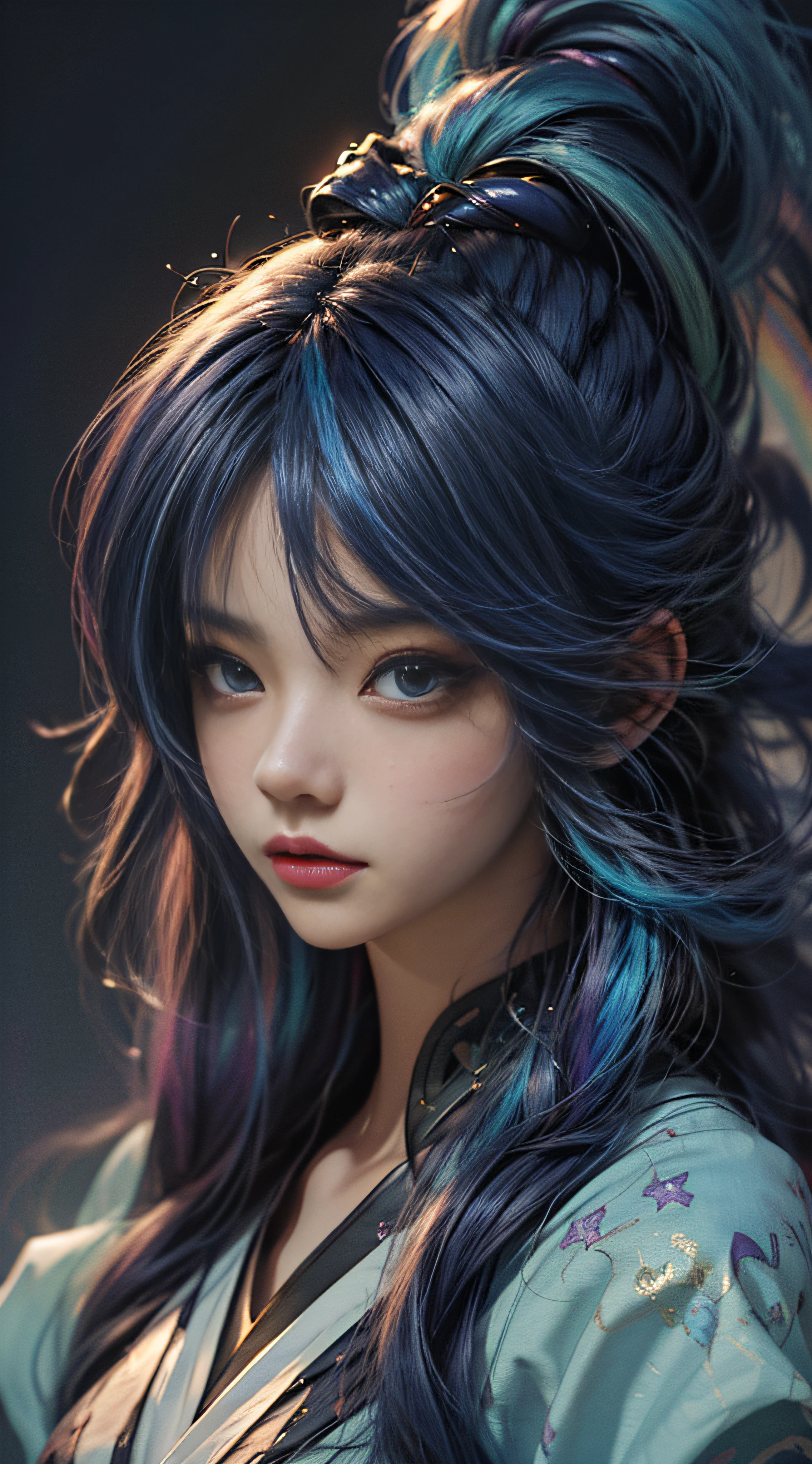 (Anime Girl + Long Hair + Portrait), (Color Hair + Rainbow: 1.5 + Cosmic Hair: 1.2), (Beauty + Fantasy + Anime Style), (8K Wallpaper: 1.2 + 4K Wallpaper: 1.1), (Anime Illustration + Art Style + Art Artwork)