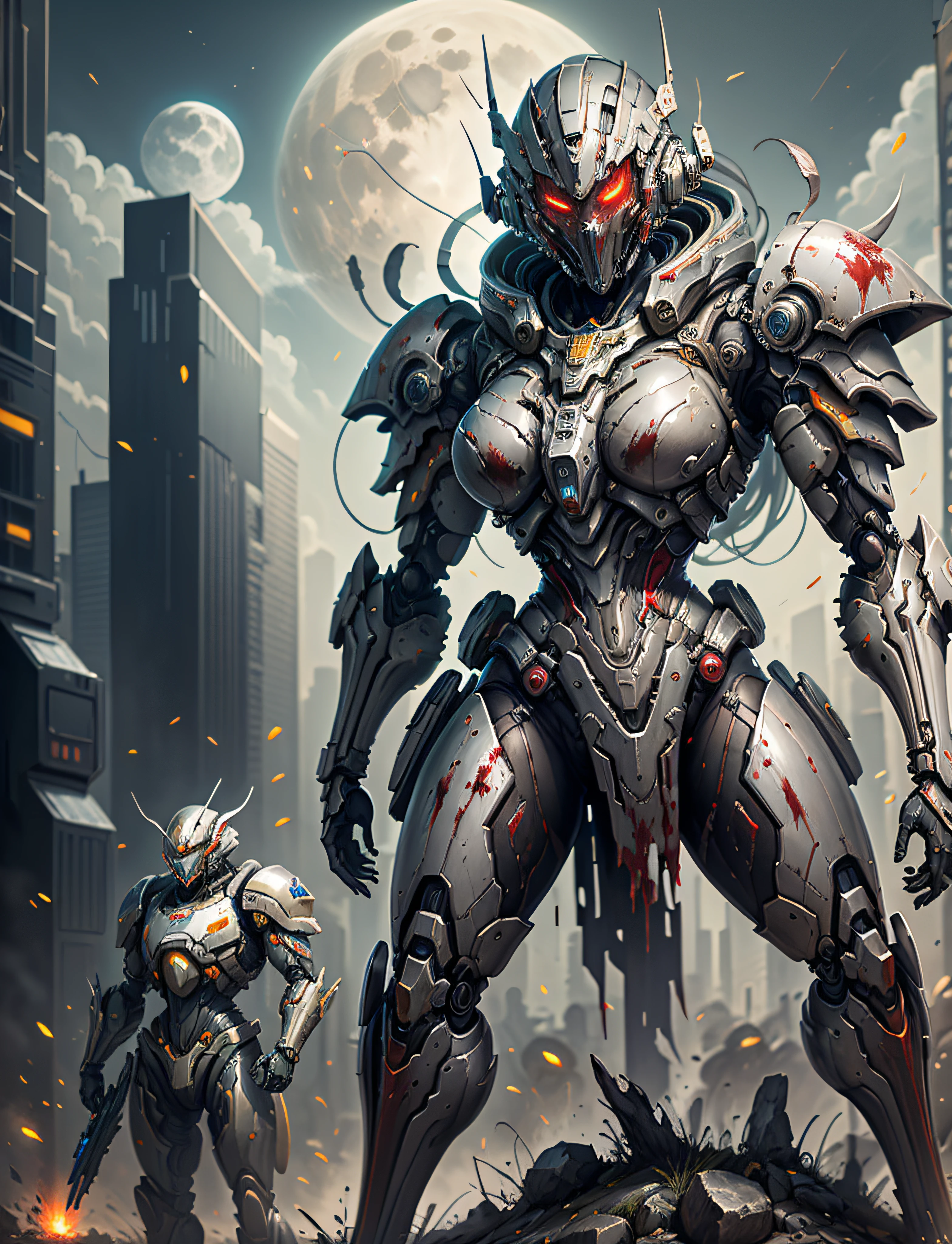 Space marine, harhammer 40,000, world at war, beautiful cyberpunk woman with very detailed mecha treatment, vibrant colors, metallic red, dirty with blood, with sky with clouds and full moon, full body with detailed armor, bloody battlefield,