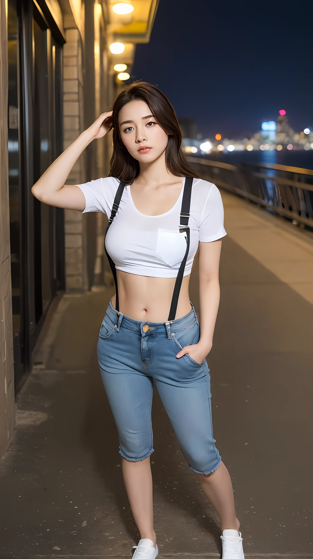 ((Midnight, Premium, 8K, Masterpiece:1.3)), Full body, Long legs, Focal length: 1.2, Perfect Body Beauty: 1.4, Slim Abs: 1.1, ((Dark Brown Hair, Big Breasts: 1.2 )), (White Skinny T-shirt, Denim Suspenders, Standing: 1.2), ((City Night, Bridge: 1.3)), Highly detailed face and skin texture, Detailed eyes, Double eyelids (((hands in pockets or hands on top of the head)))