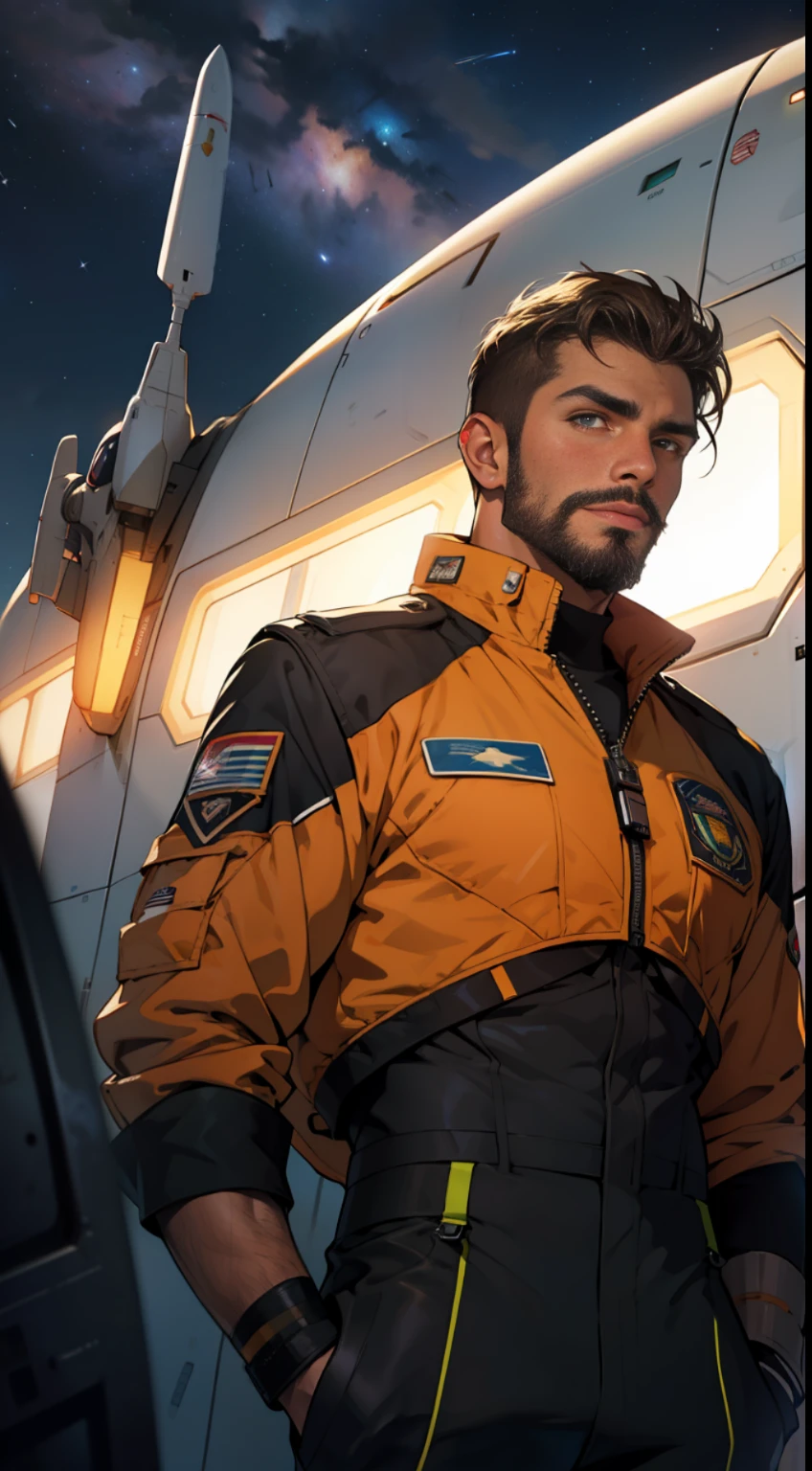 A Mexican man skin cinnamon handsome honey-colored eyes bushy eyebrow prominent beard in pilot's uniform gazes at the stars next to his spaceship In the background you can see a spaceship hangar