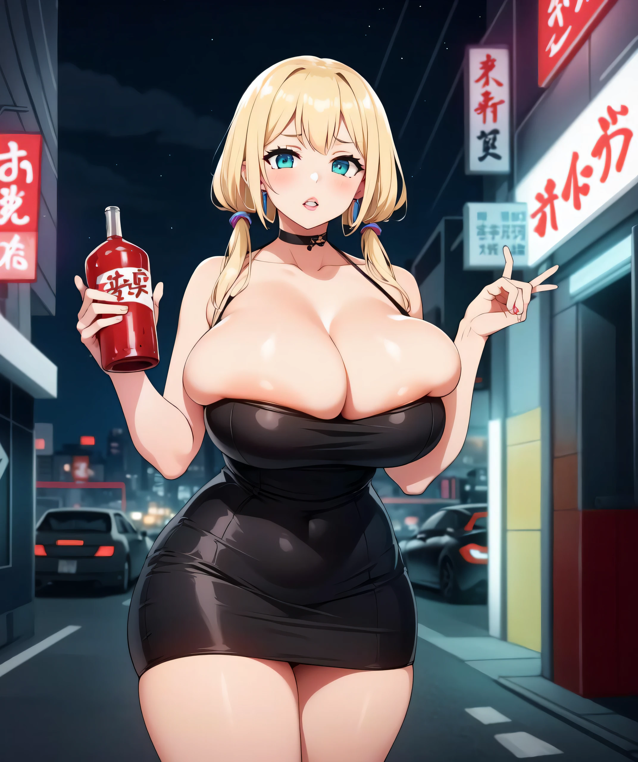 1girl, (((bimbo))),hoop earrings, puffy lips, painted lips, thick lips.
blonde hair, short twintails, wide hips, thick thighs, bursting breasts Nightlife, Night city, Cyberpunk city, futuristic cityscape. Neon lights, (skyscraper:1.1), Tokyo tower, palm tree, cloth sign, ramen stall, night club. bright city lights, exotic car. alcohol, bar, ramen, soup stall ,alcohol bottles,