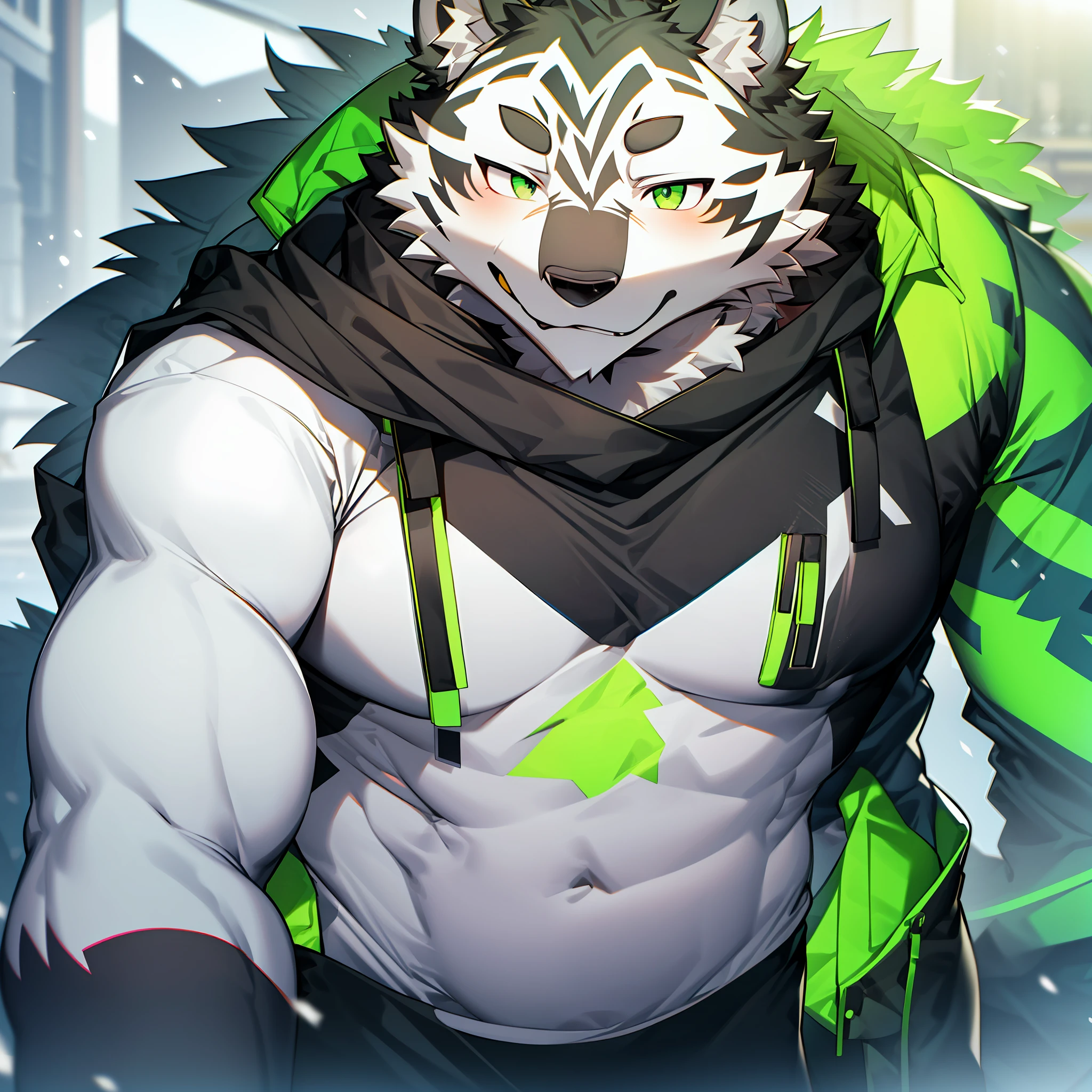 Snow leopard, furry, fluorescent green pattern, black hair, muscles