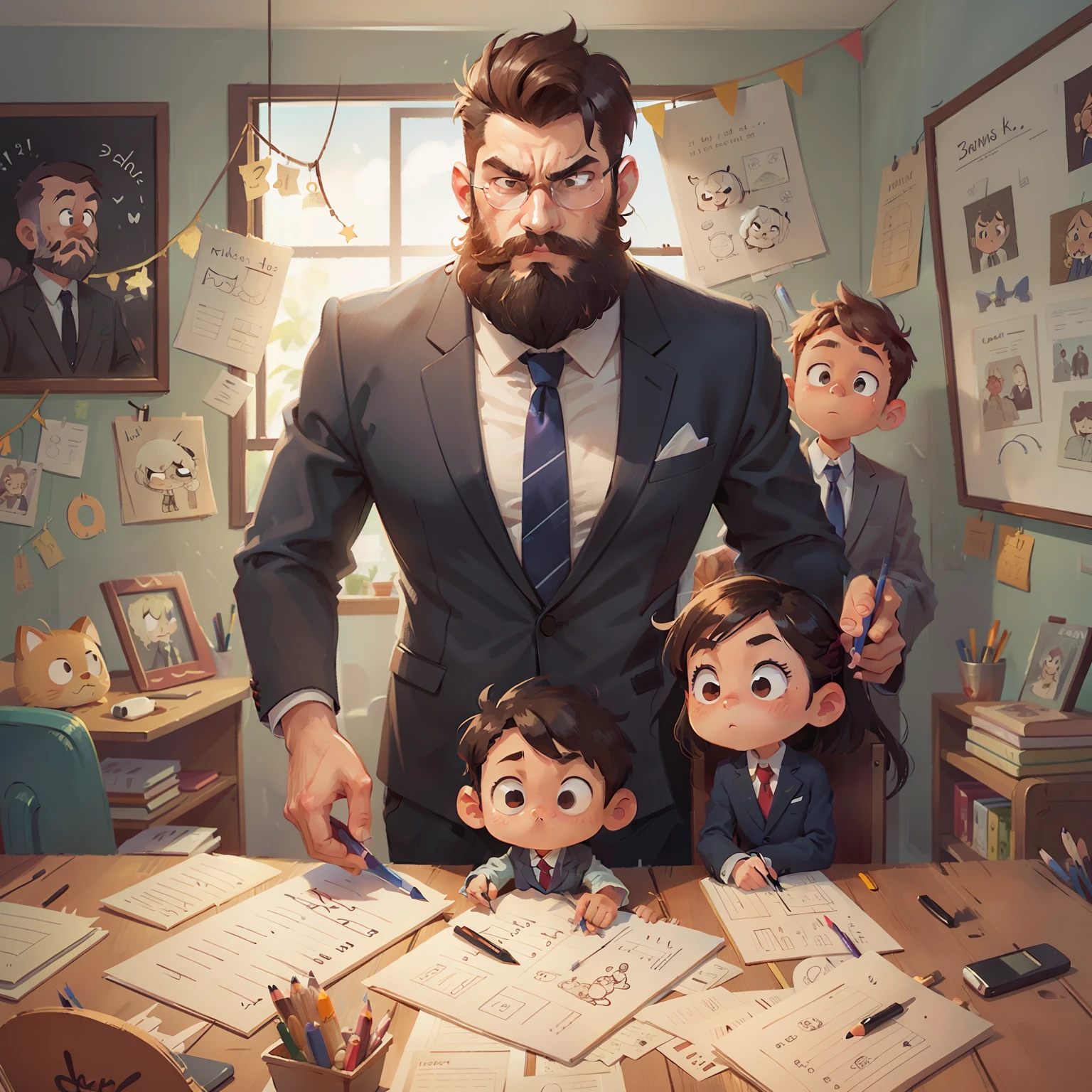 Image of a line doll with a question mark on the head and a pencil in his hand, simple drawing, he holds a pencil, hand-drawn drawing, comic characters, comic style, professional drawing, cartoonist, simple drawing style, cartoon drawing, cartoon illustration, serious drawing, drawing style, poorly drawn, Stickman style: Man, serious, uncle, without glasses, three-seven hair, suit, business person, avatar photo, avatar photography, close-up of people, bearded, colored