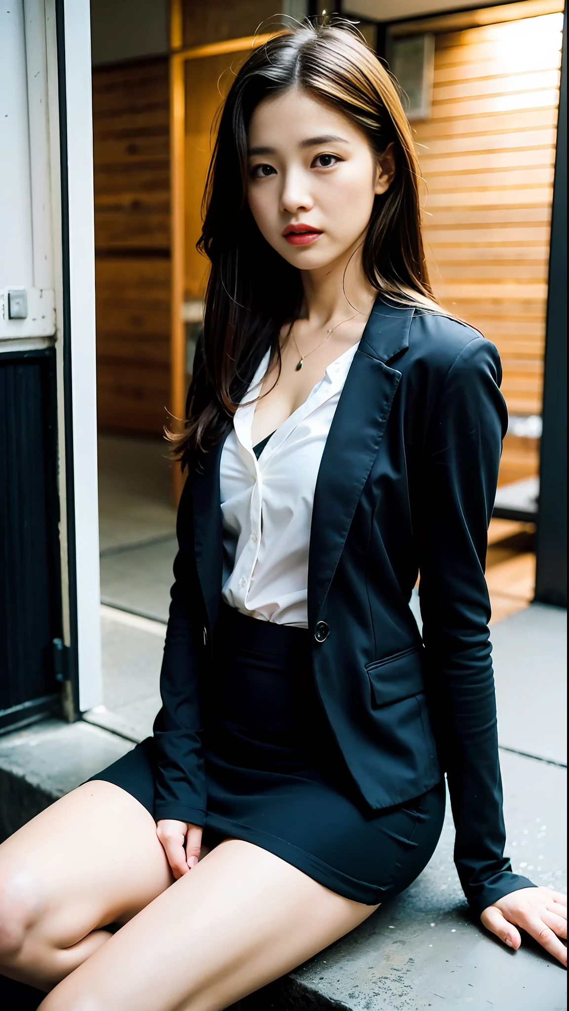 (RAW photo, highest quality), (realistic, photorealistic: 1.3), highest quality, masterpiece, very delicate and beautiful, highly detailed CG, unity, 8k wallpaper, amazing fine, fine detail, masterpiece, highest quality, highly detailed eyes and face, beautiful detailed eyes, face light, beautiful detailed eyes, beautiful detailed eyes, look the viewer, (highest quality, 8k, 32k, masterpiece, UHD: 1.2), Cute Japan woman photo, detailed double eyes, super detailed face, detailed eyes, amazing, double eyelids, world's most beautiful face, long hair, big, suit attire, work figure, black jacket, too short black skirt, sheer clothing, tight clothes, tokyo background, sexy, pin high heels, camel toes, whole body, thighs, bare legs, legs spread wide, sweaty skin, sweaty, shirt see-through with sweat