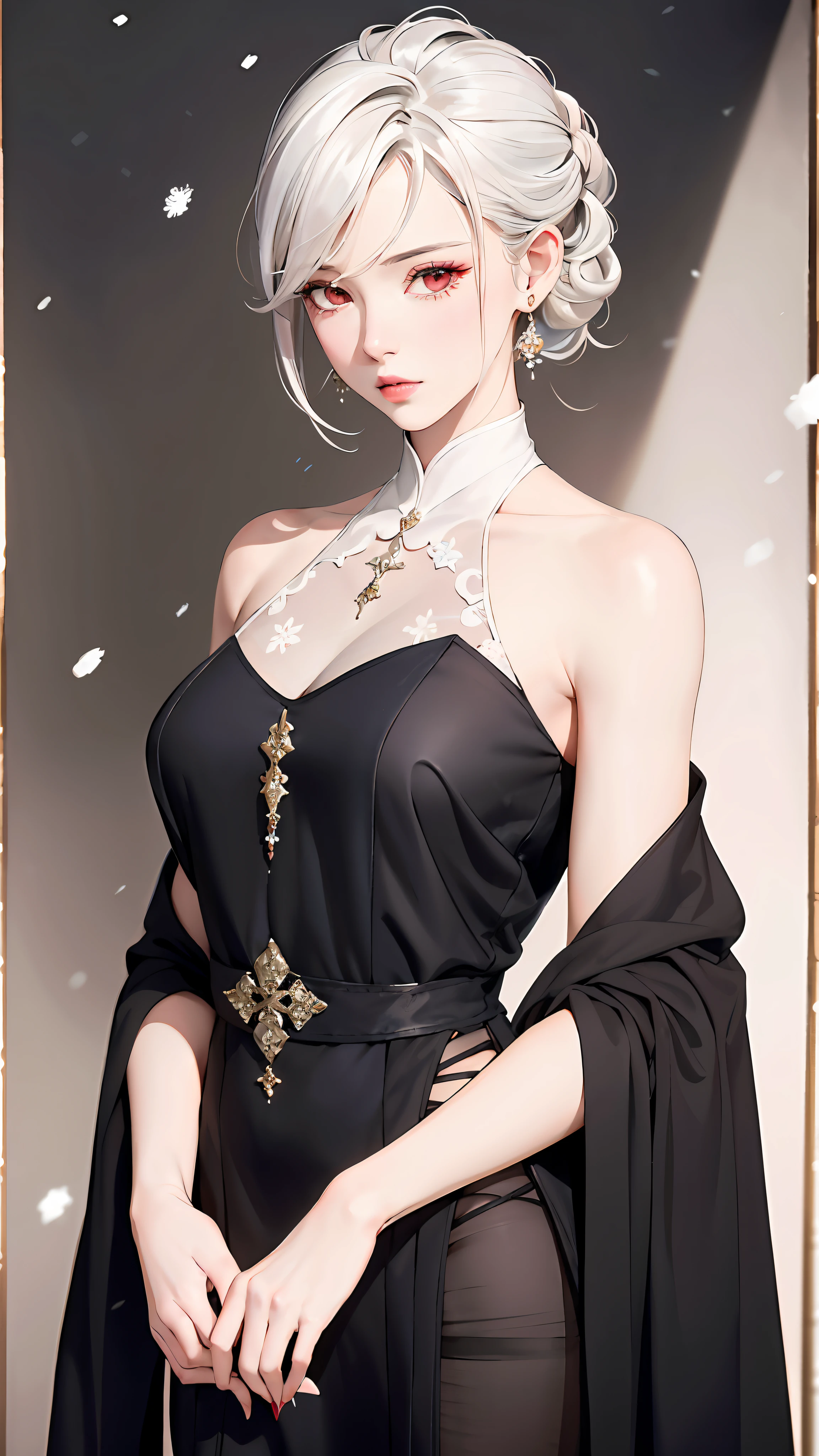 Masterpiece, Superb 1 Woman, Long Black Dress, Ink Painting, Mature Woman, Woman with Short Silver and White Hair, Hair Over Shoulder, Pale Pink Lips, Indifference, Seriousness, Bangs, Assassin, White Clothes, Facial Details, Correct Proportions, This painting was created in the Guweiz style and depicts an oil painting of a woman with short hair. The entire painting features a palette of white and black. The woman's face is very realistic female faces, which are loved by the audience. Presented in a meticulous drawing style. The women's white hair is like snow, the eyes seem to be full of watery red eyes, exuding a mysterious atmosphere, the women are dressed in elegant and exquisite clothing, and the whole painting shows a high degree of skill.