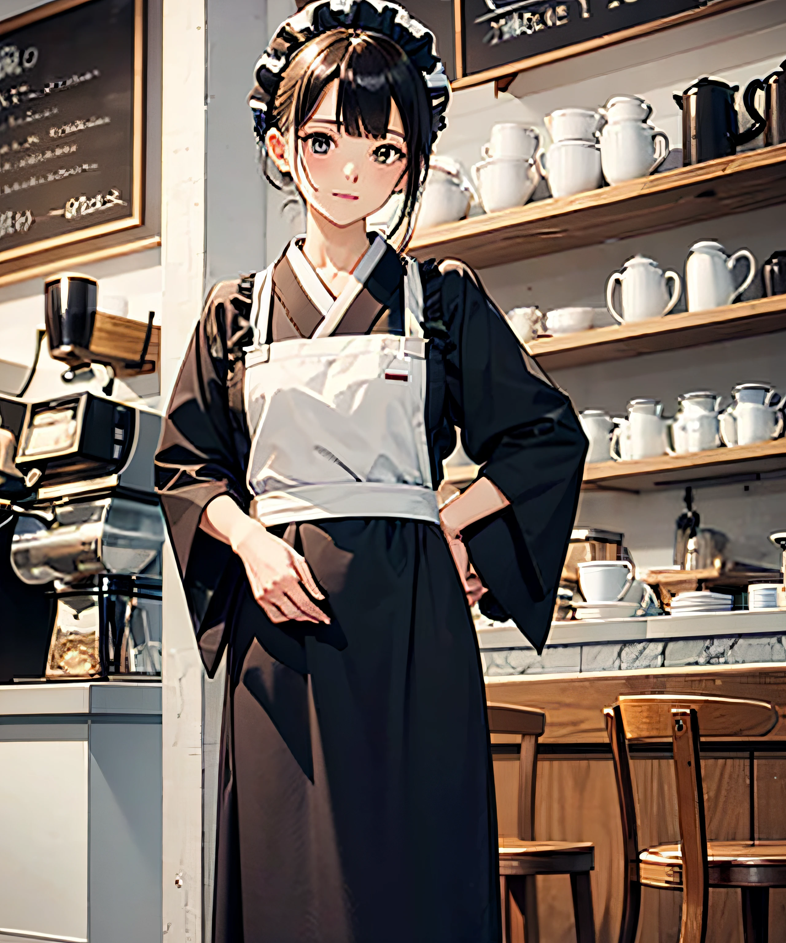 masterpiece, realistic, top quality, coffee shop, kimono maid, waiter, waiter, working in a coffee shop, full body, 18 years old, tasukikake