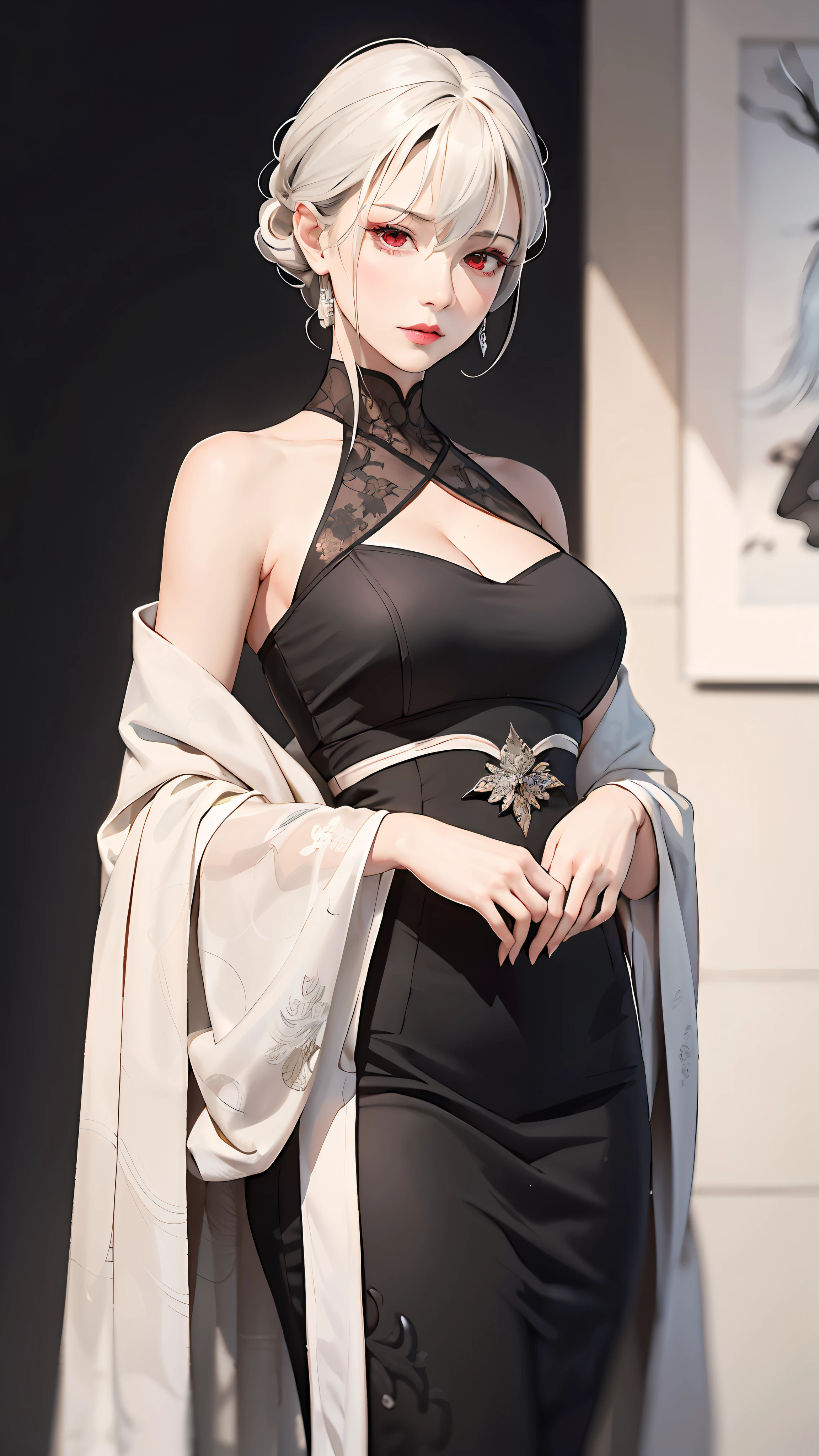 Masterpiece, Superb 1 Woman, Long Black Dress, Ink Painting, Mature Woman, Woman with Short Silver and White Hair, Hair Over Shoulder, Pale Pink Lips, Indifference, Seriousness, Bangs, Assassin, White Clothes, Facial Details, Correct Proportions, This painting was created in the Guweiz style and depicts an oil painting of a woman with short hair. The entire painting features a palette of white and black. The woman's face is very realistic female faces, which are loved by the audience. Presented in a meticulous drawing style. The women's white hair is like snow, the eyes seem to be full of watery red eyes, exuding a mysterious atmosphere, the women are dressed in elegant and exquisite clothing, and the whole painting shows a high degree of skill.