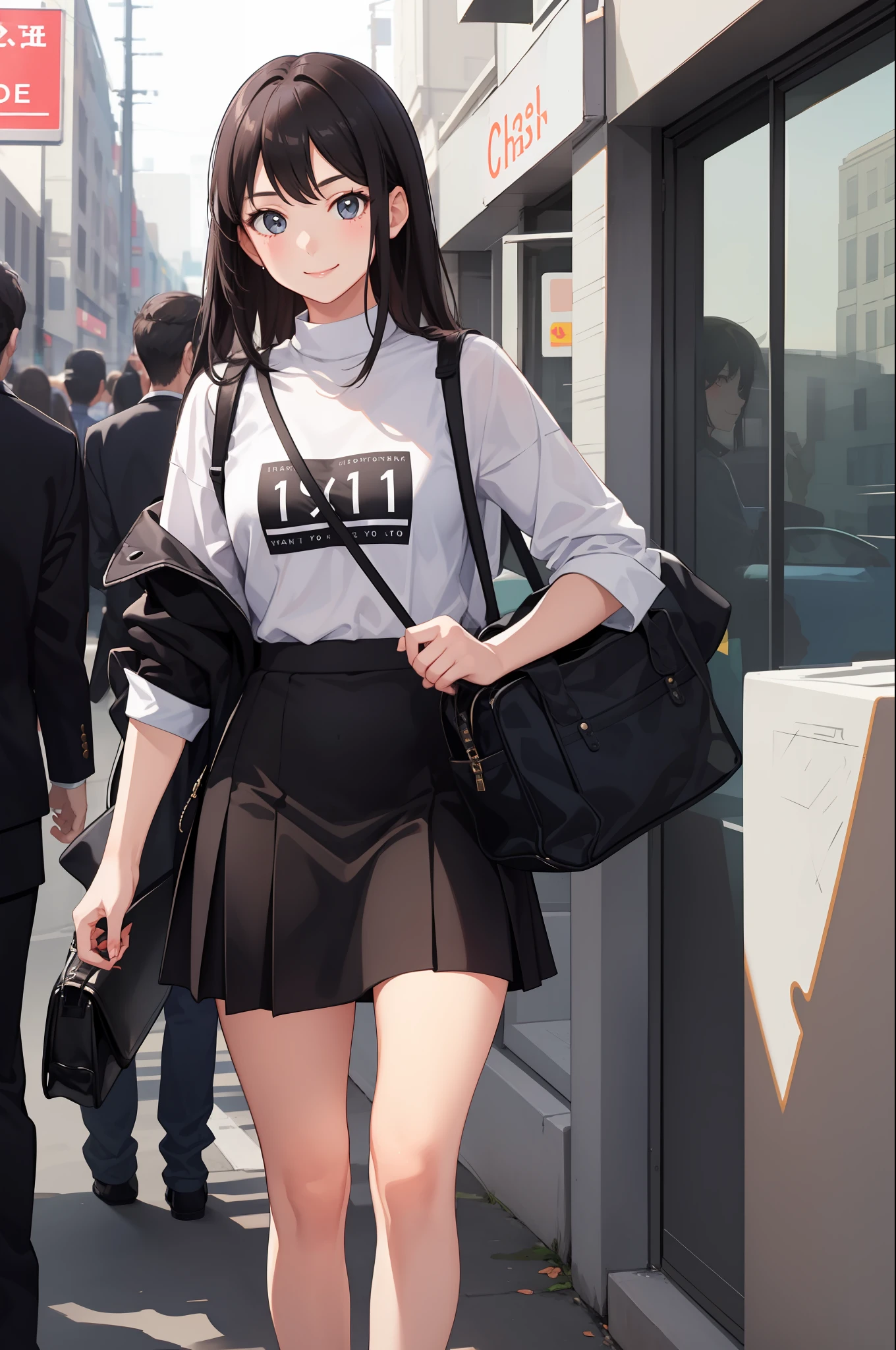 1 girl, smile, shirt, skirt, (small) chiralism,