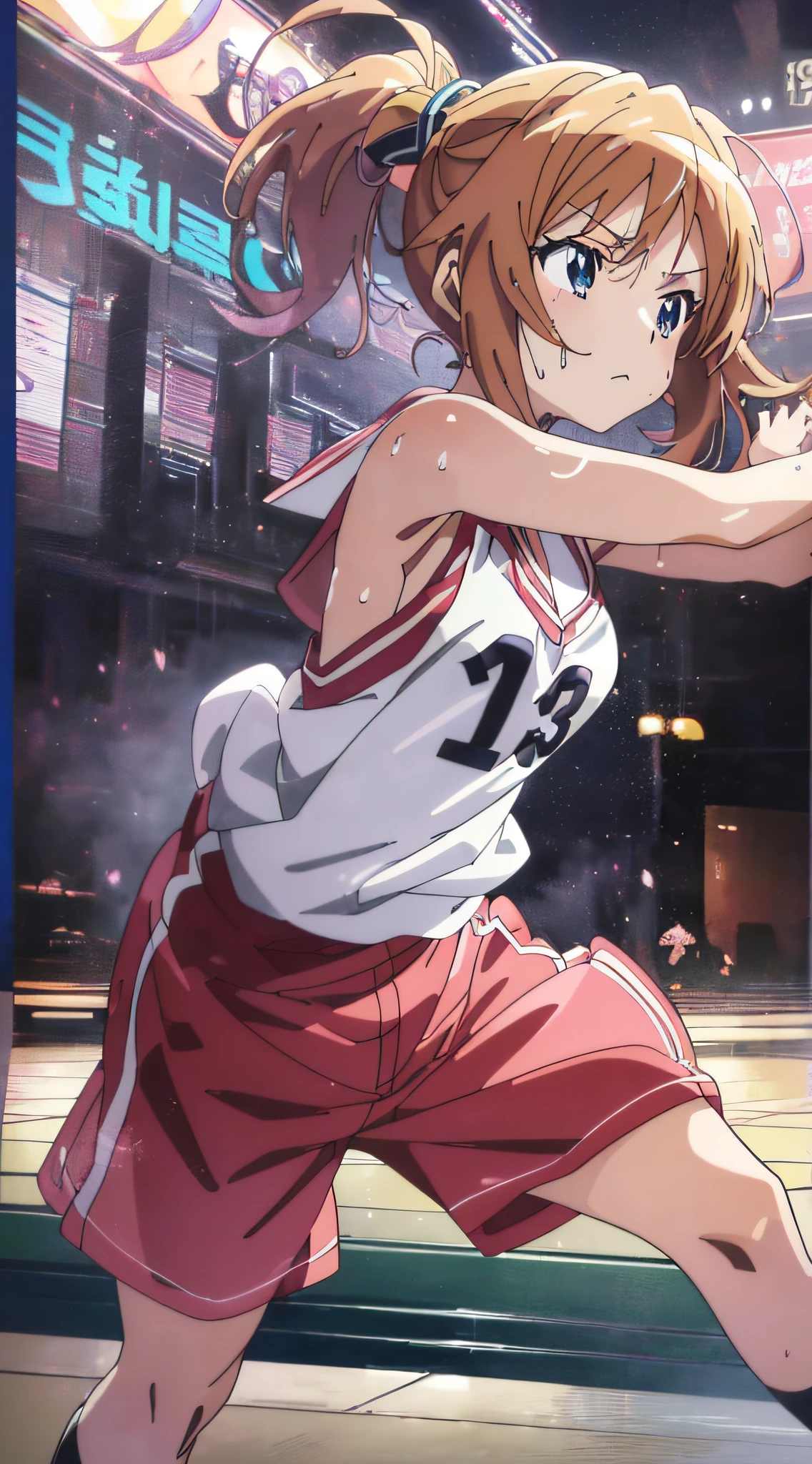 (Best Quality,Anime,Anime Art Style,Anime Screen Cap:1.5)Yuyushiki, Girl, 13 years old, Sweat,Playing basketball,Intense Angle,Hard Movement,Looking Away,Expressionless