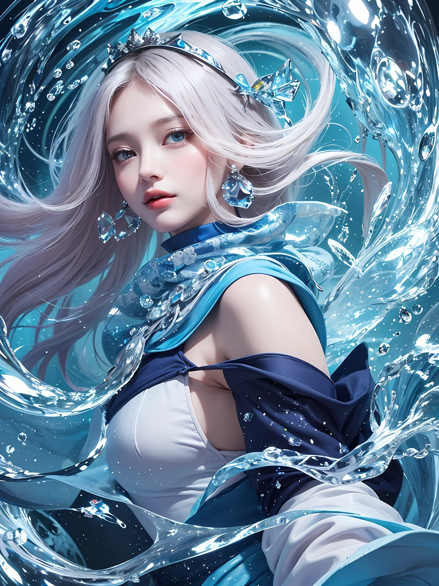 (Masterpiece, top quality, best, official art, beautiful and aesthetic: 1.2), smooth movement, charming pattern, 1 girl, (long skirt with sleeves: 1.3), blue clothes, upper body close-up, off-the-shoulder, Chinese girl, portrait, solo, upper body, gaze observer, detailed background, detailed face, (crystallineAI, crystalline theme: 1.1), elemental water sprite, rotating water, control water, sapphire clothes, dynamic pose, Floating particles, ethereal power, water, vapor, crystal in the background, blue tones, ethereal atmosphere,