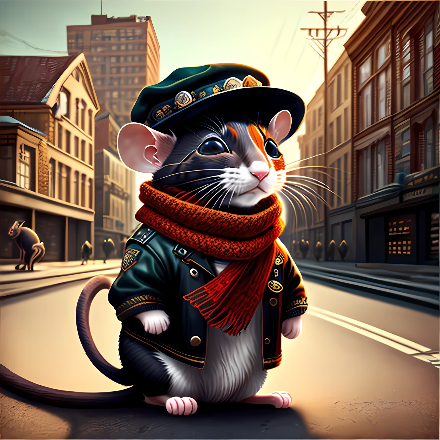 Pictures of rats in hats and scarves, art station trends, wearing punk clothes, ultra-realistic detailed renderings, British gang members, urban style, intimidating poses, cat planet, fashion clothing, city warriors, meow, West Slavic features, 8 1 5 --auto