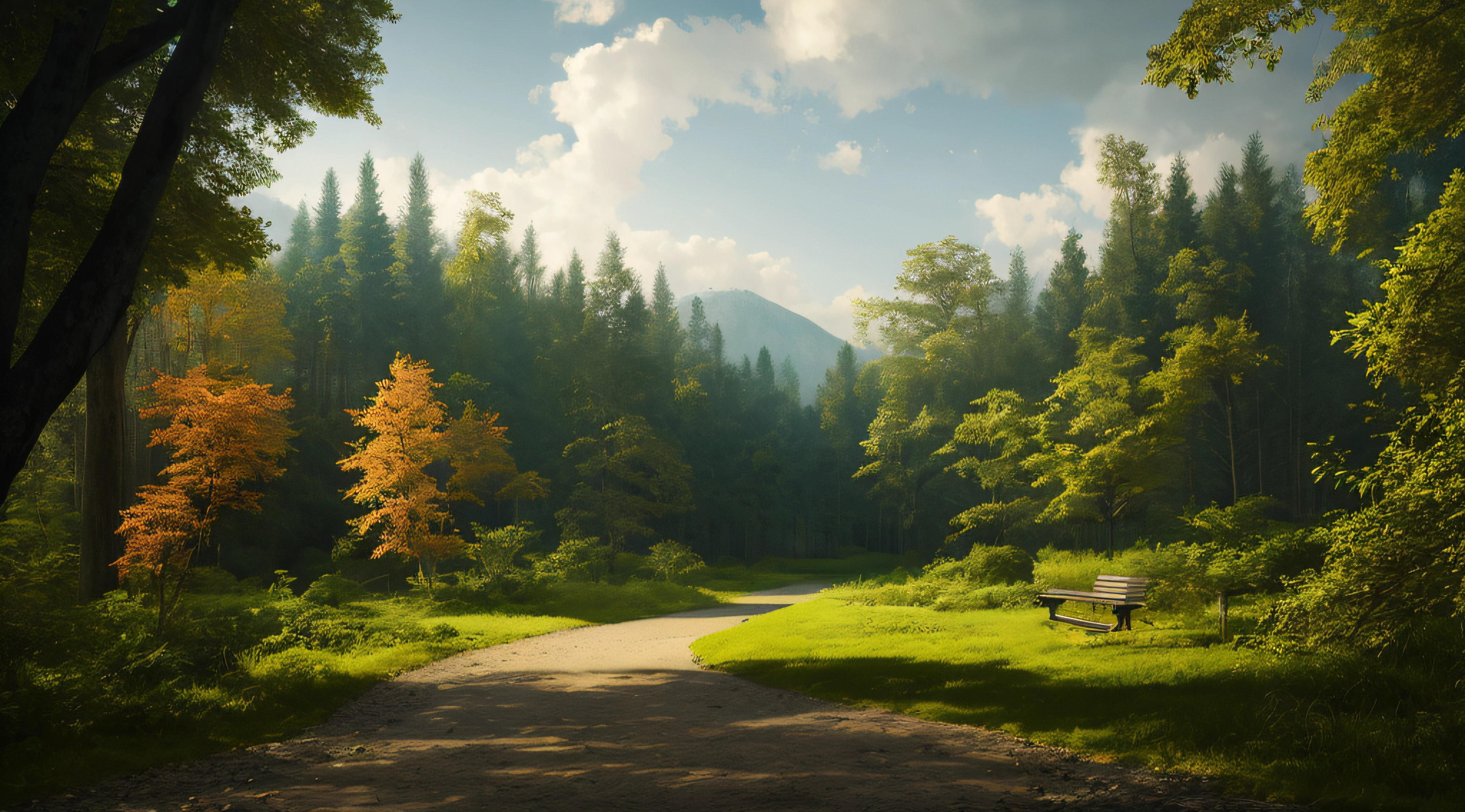 there is a path that leads to a bench in the middle of the woods, forest clearing landscape, photorealistic landscape, beautiful render of a landscape, forest landscape, beginning of autumn, beautiful forest scenery, forest scenery, unreal engine 4k wallpaper, realistic landscape, forest path, rendered in unreal engine 4 k hq, rendered in unreal engine 4k hq