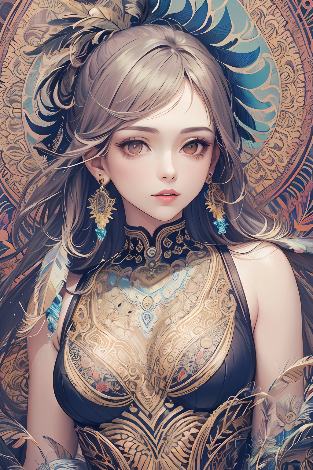 (masterpiece, top quality, best quality, official art, beautiful and aesthetic:1.2), (1girl:1.3), extremely detailed,(fractal art:1.1),(colorful:1.1)(flowers:1.3),highest detailed,(zentangle:1.2), (dynamic pose), (abstract background:1.3), (shiny skin), (many colors:1.4), ,(earrings:1.4), (feathers:1.4)