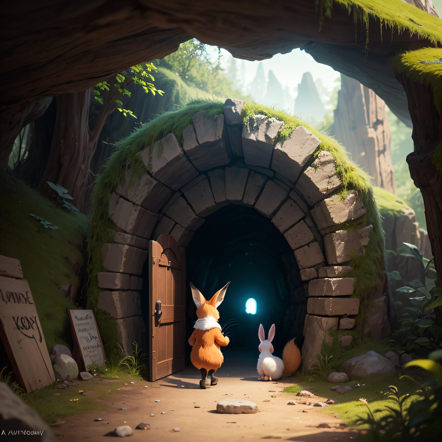 The fox obediently arrives in front of a mysterious cave with his good friend Bunny. The entrance to the cave reads: "The code to find the treasure: kindness, courage, friendship". Little and Bunny decide to find treasure together, convinced that only with these good qualities can they find treasure. --auto