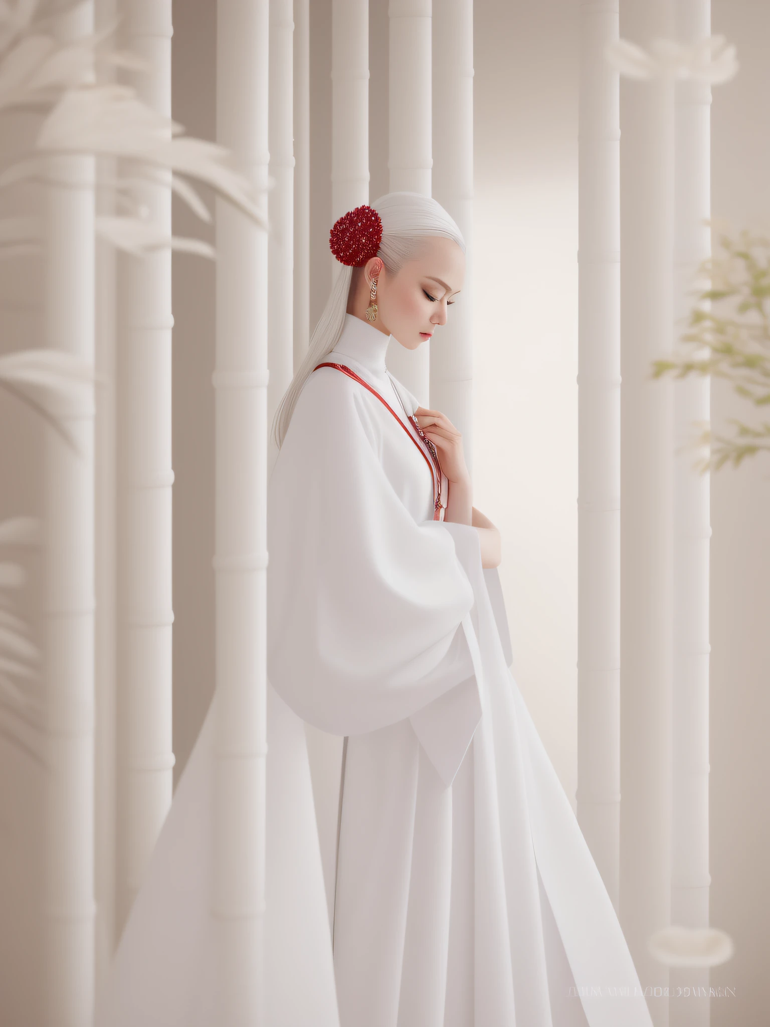 A beautiful woman in white,With Eastern elements,Antique style,Pastel,First-person view,white and red tones,fantasy,white hair,minimalist outfit,Gongbi painting,Dhyana,silk,zen architecture,bright