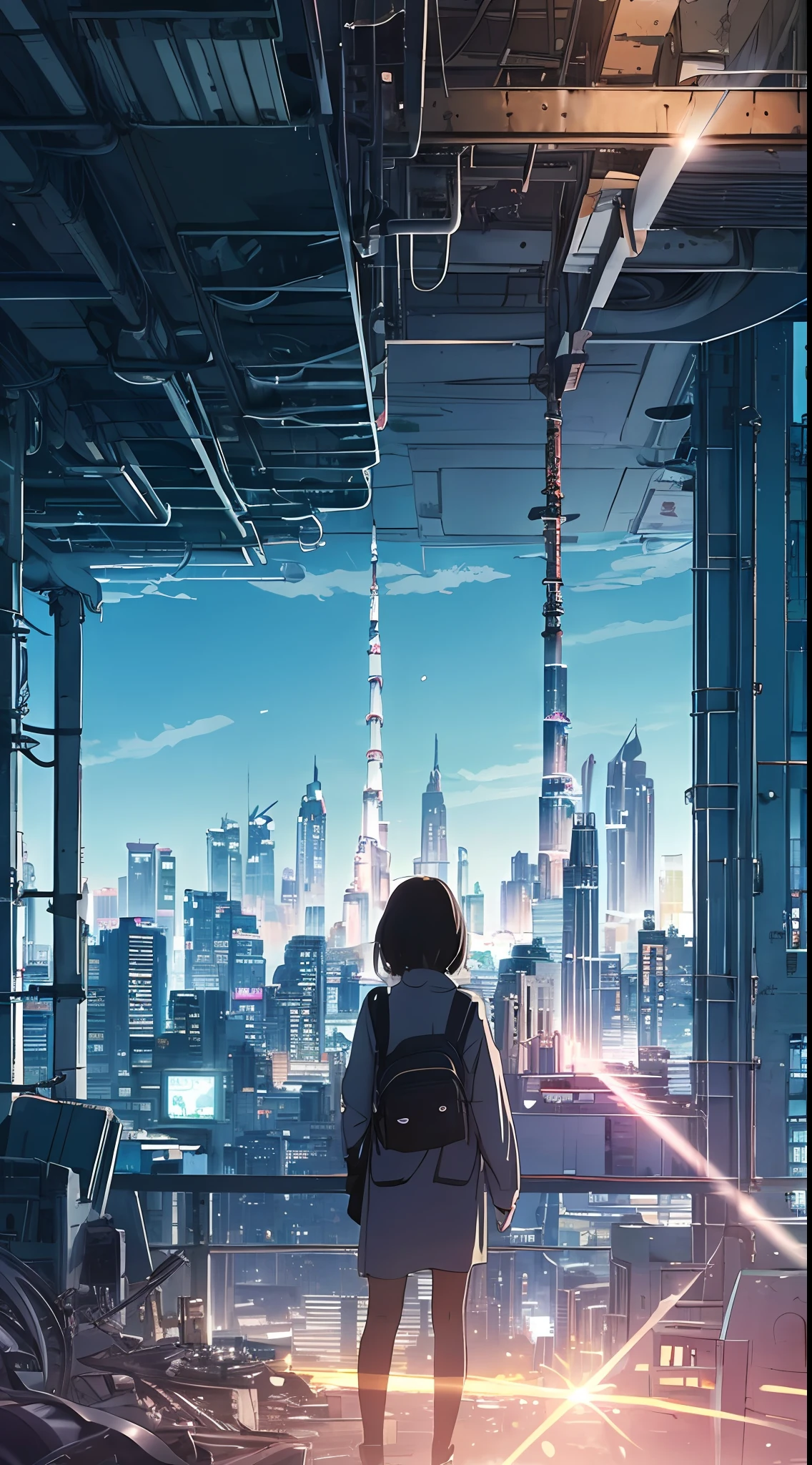 A ray of hope in a dystopia, a little girl lost in the dark city of Dubai, the shadow of a little girl's back in the back of the center of the screen, a very complex cityscape, a devastated world, a pulling composition, industrial,