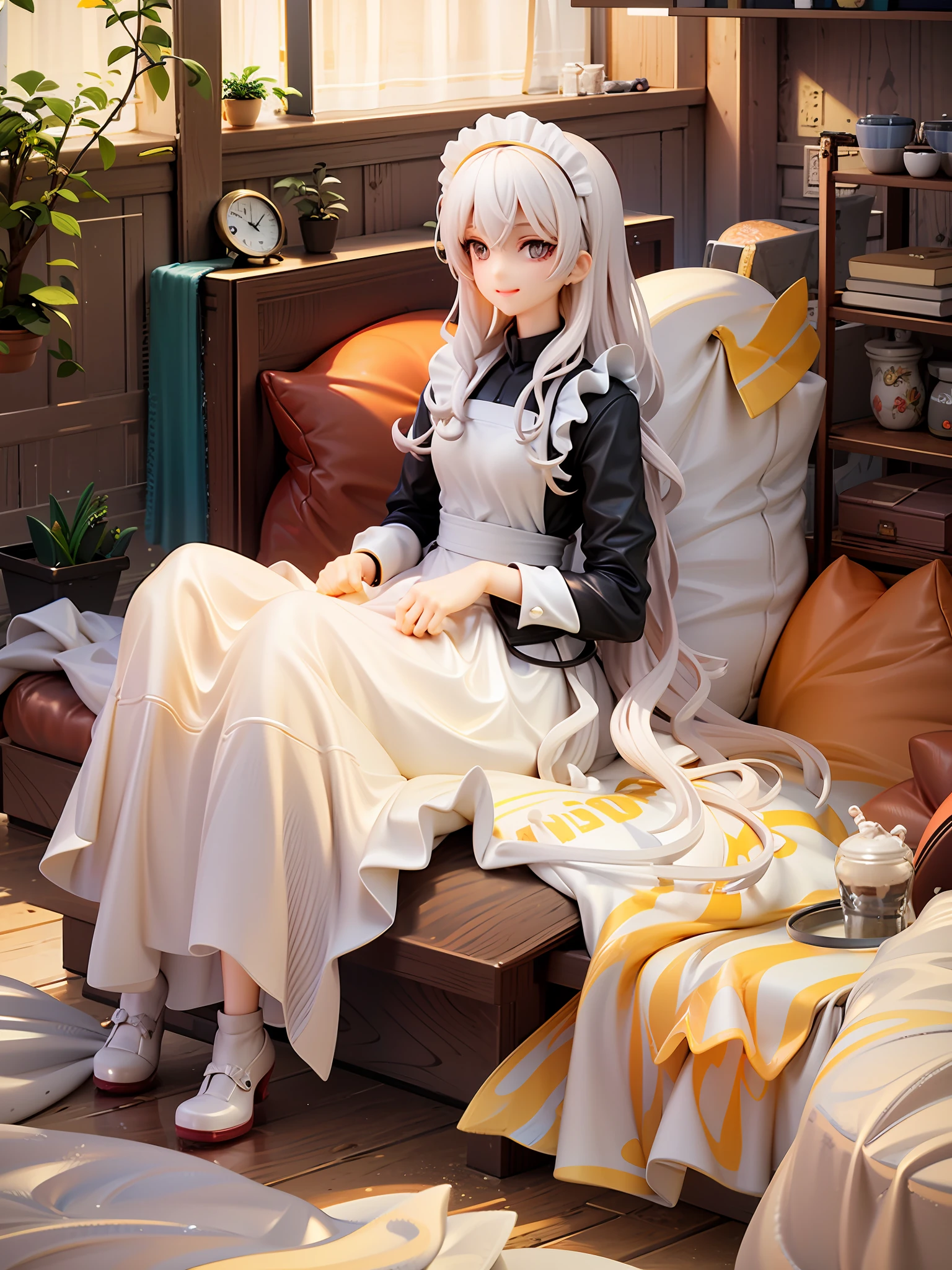 1 girl, white, white hair, wavy long hair, maid headband, brown eye, smile, happiness, white skin, maid clothes, western style calm bedroom, sitting,