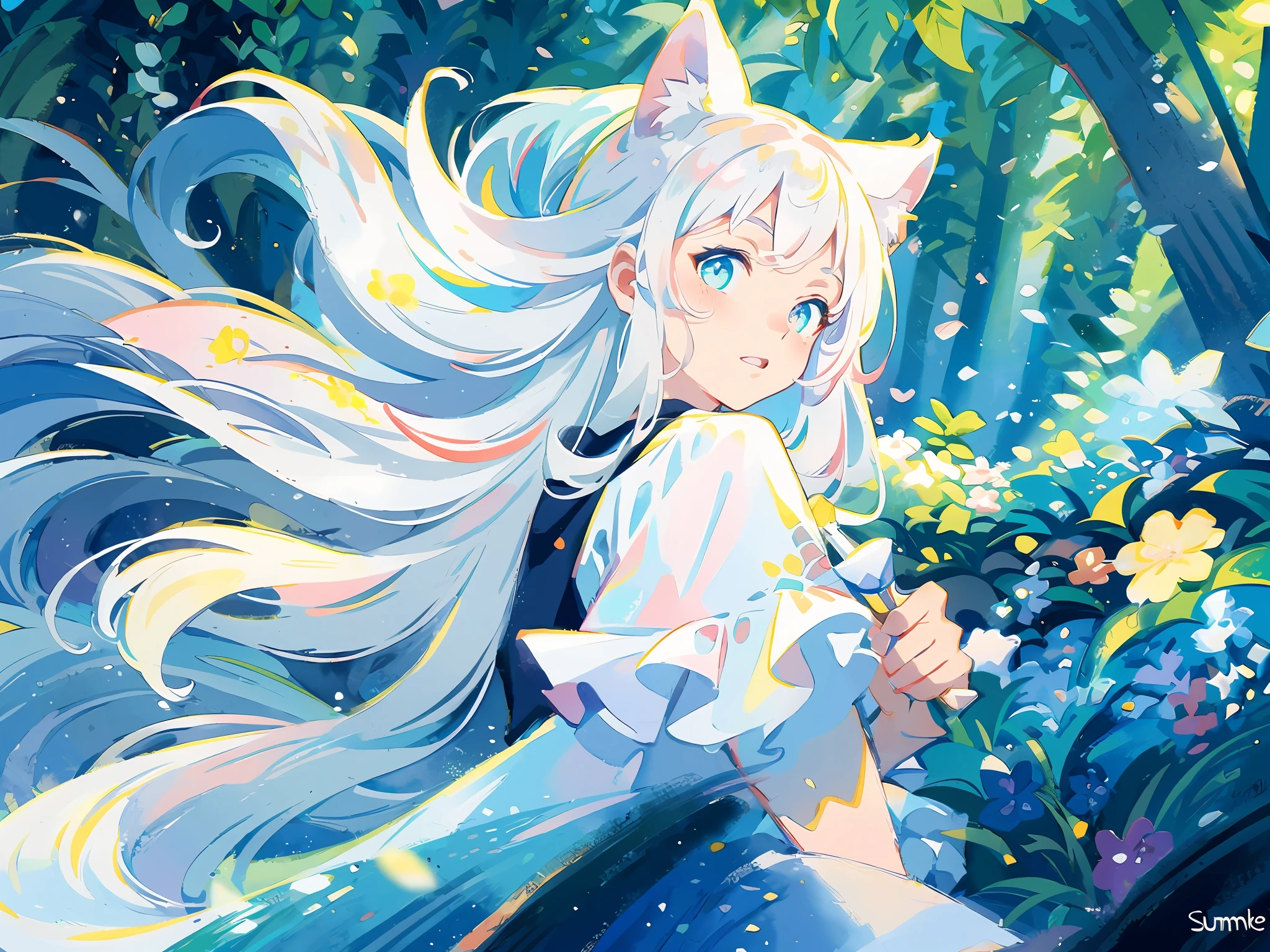 (highest quality), (masterpiece: 1.2), (colorful: 0.9), (ink splash)), (color splashing), (watercolor)))), clear focus, model shot, full body,
(Summer Portrait Goddess: 1.5), cute look, cat ears, elegant white colored hair, beautiful detailed face and eyes, elegant goddess clothes, ((Summer forest background)),
Colored Water, Forest