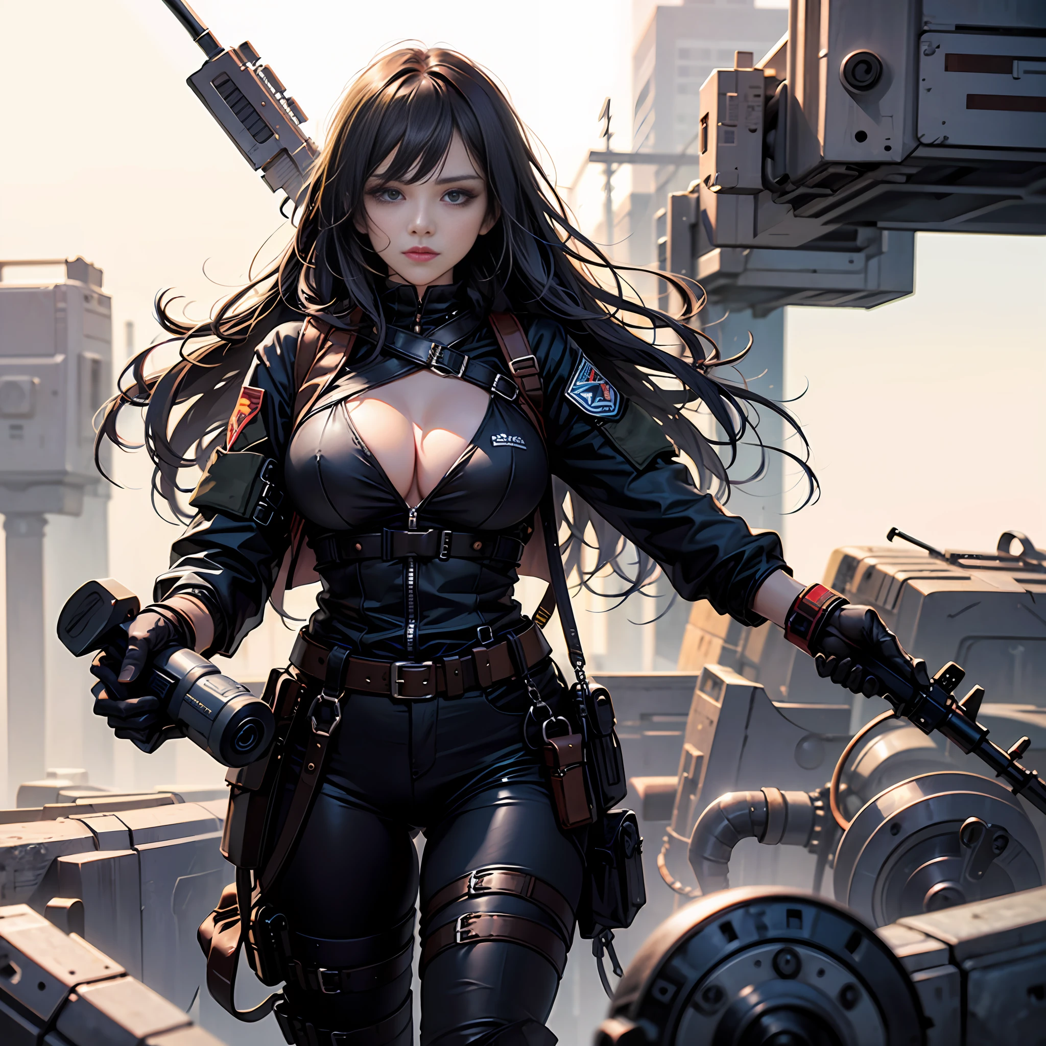 Long-haired beauty, black leather, big breasts, exposed, military, tactical, gun, vest --auto