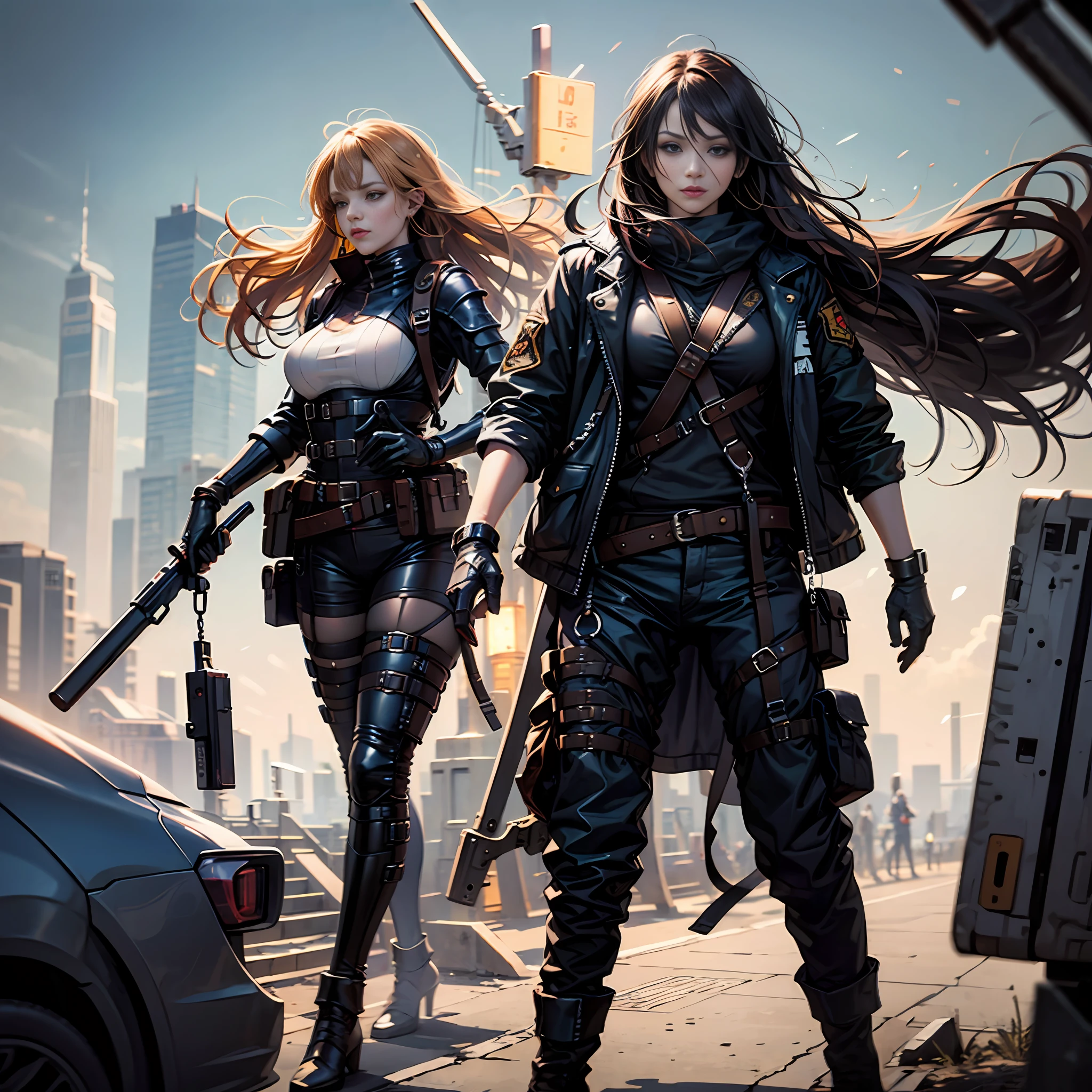 Long-haired beauty, black leather, big breasts, exposed, military, tactical, gun, vest --auto