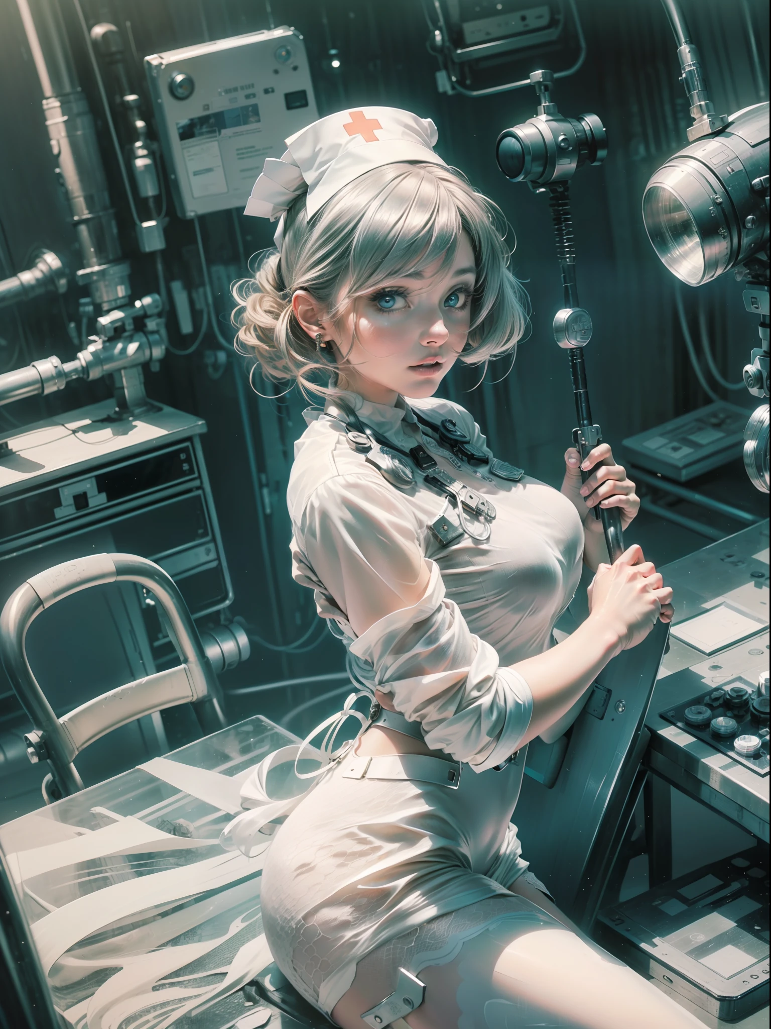 (Masterpiece: 1.2), (White Nurse Uniform: 1.1), (Thin Legs: 1.1), (Balance), (Ja: Elegant Lace or Fine Details), (Camera: Low Angle), (Character: 1 Girl), (Ja: Blue Eyes), (Ja: White Skin), (Ja: Shiny Hair), (Embedded: Nursing Tools), (Ja: Transparency), (Ja: Calm Atmosphere)