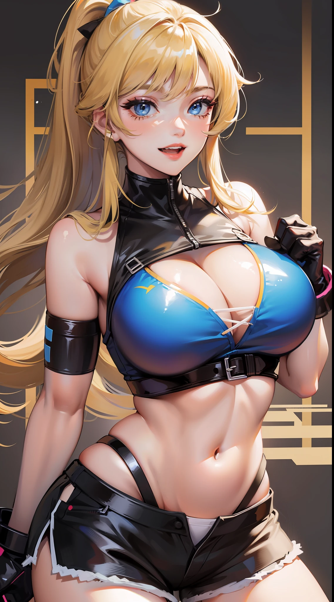 Young girl, long blonde hair, high ponytail, blue eyes, sports top, shorts, big breasts, lush breasts, smile, karambit, masterpiece, high quality