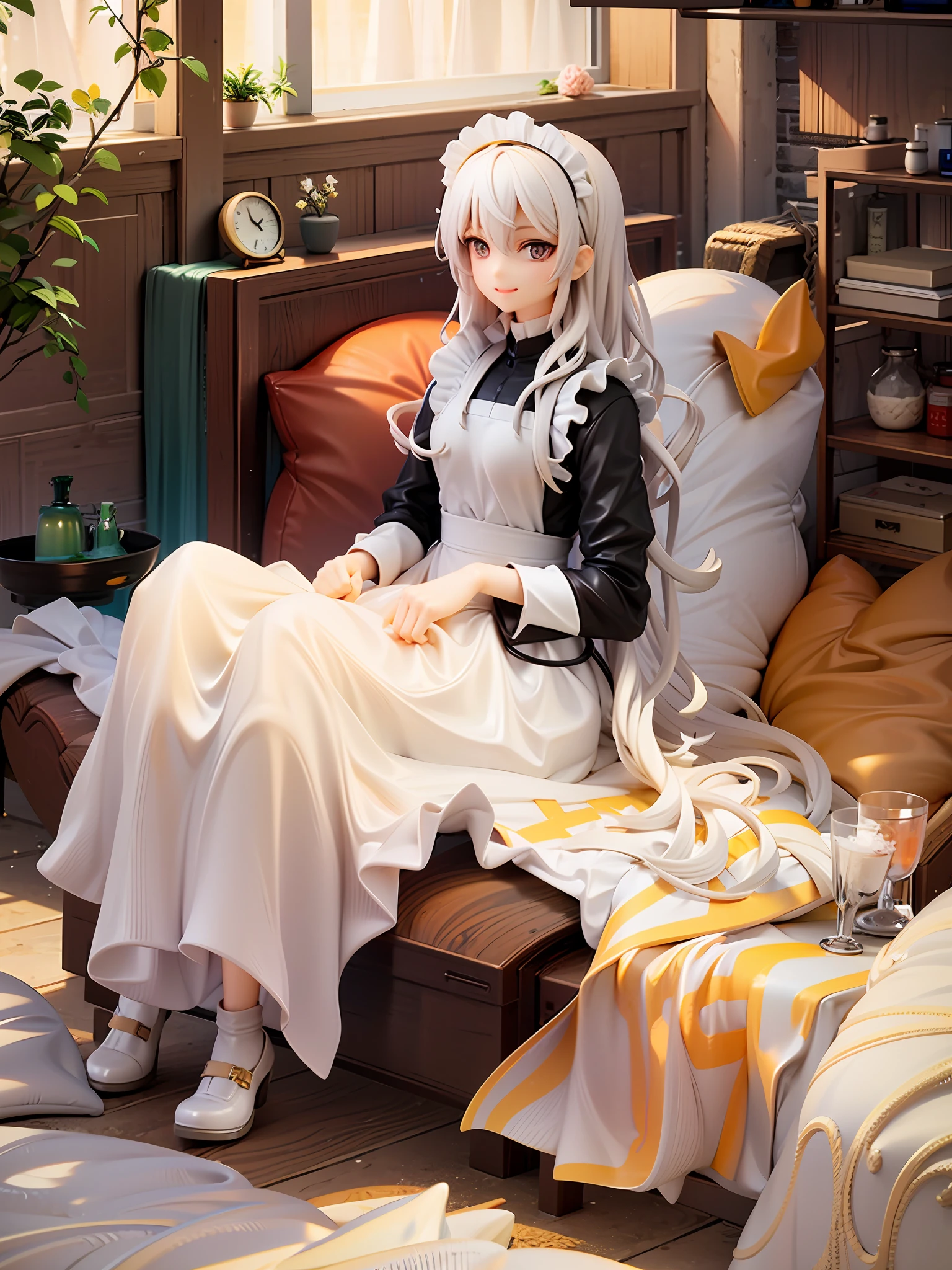 1 girl, white, white hair, wavy long hair, maid headband, brown eye, smile, happiness, white skin, maid clothes, western style calm bedroom, sitting,