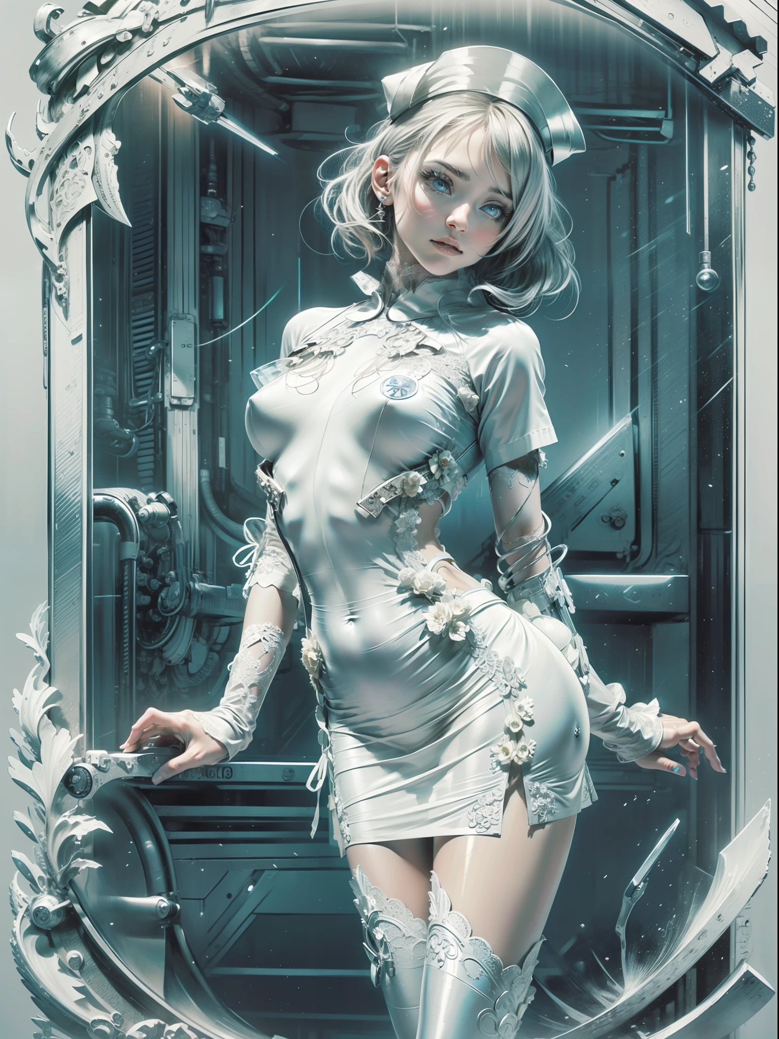 (Masterpiece: 1.2), (White Nurse Uniform: 1.1), (Thin Legs: 1.1), (Balance), (Ja: Elegant Lace or Fine Details), (Camera: Low Angle), (Character: 1 Girl), Delicate Facial Features, (Ja: Blue Eyes), (Ja: White Skin), (Ja: Shiny Hair), (Embedded: Nursing Tools), (Ja: Transparency), (Ja: Calm Atmosphere)