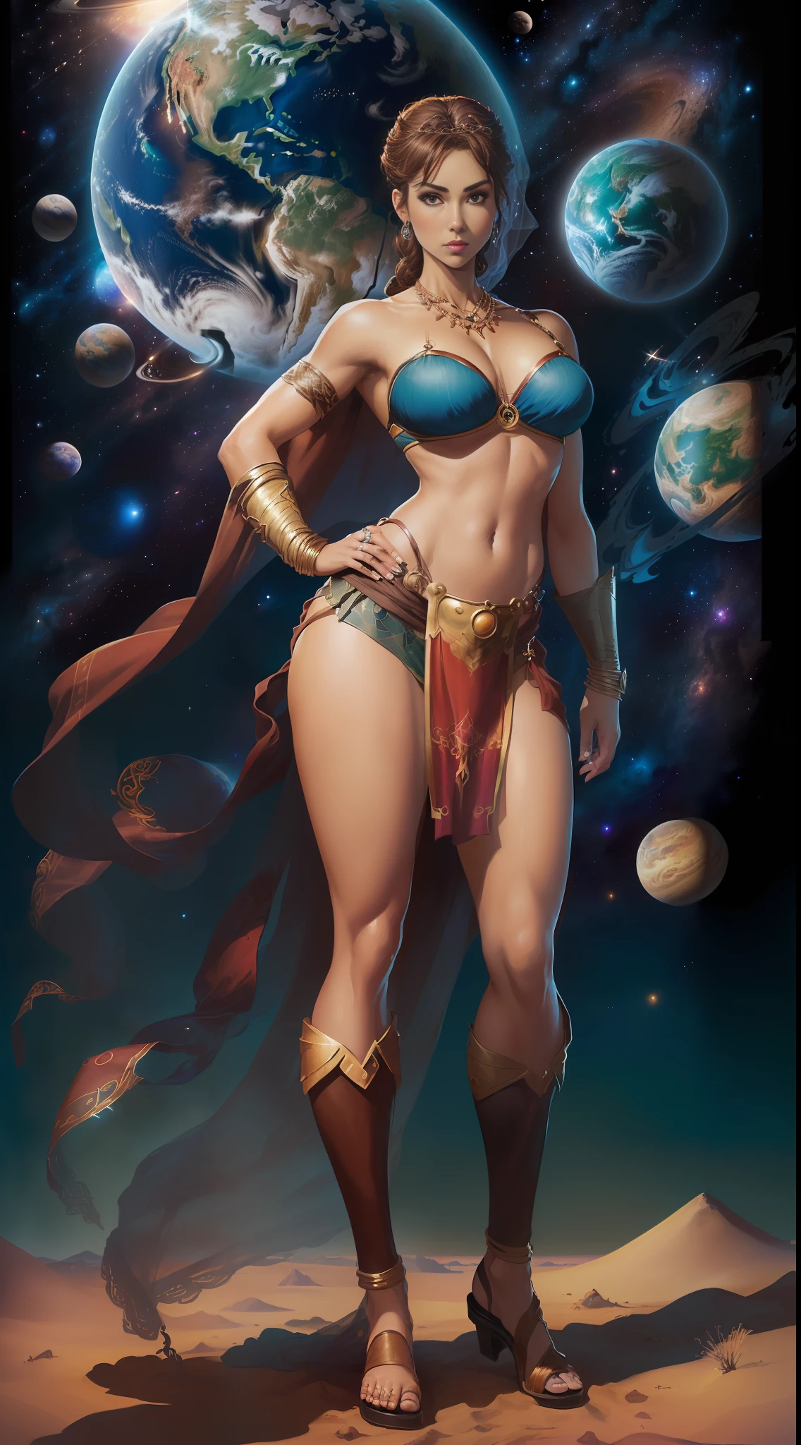 ((full body)), (((head to toe))), (((1 female, solo))), beautiful blushing slender Queen of Earth (((with sandy chignon hair))), small bust, narrow waist, thin legs, (((against Earth as a planet background))), (((gorgeous iron brassiere, loincloth))), iron necklace, iron tiara, veil, (((American comic style with dark contours))), (((art by J. Scott Campbell)))