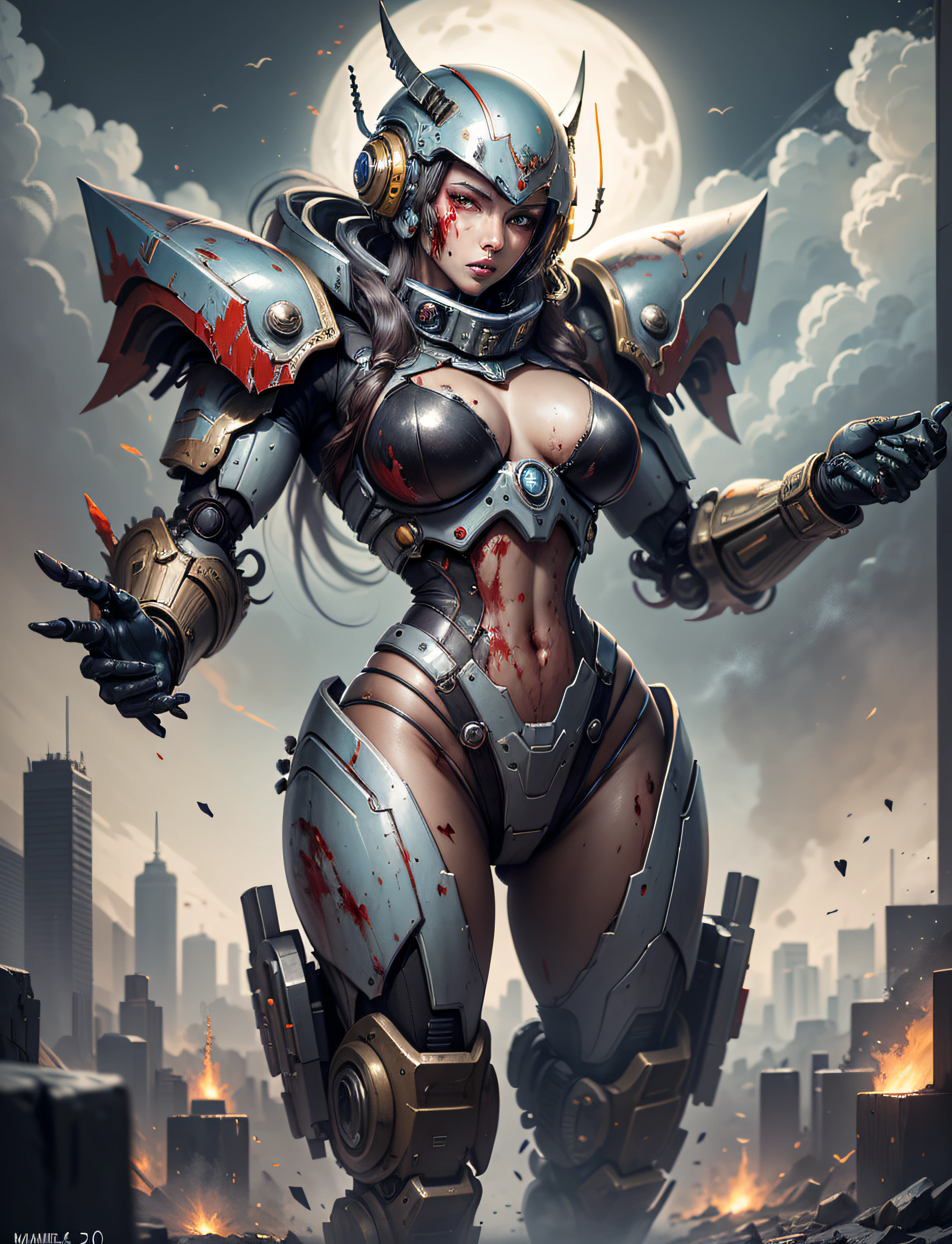 Space marine, harhammer 40,000, world at war, beautiful cyberpunk woman with very detailed mecha treatment, vibrant colors, metallic red, dirty with blood, with sky with clouds and full moon, full body with detailed armor, bloody battlefield,