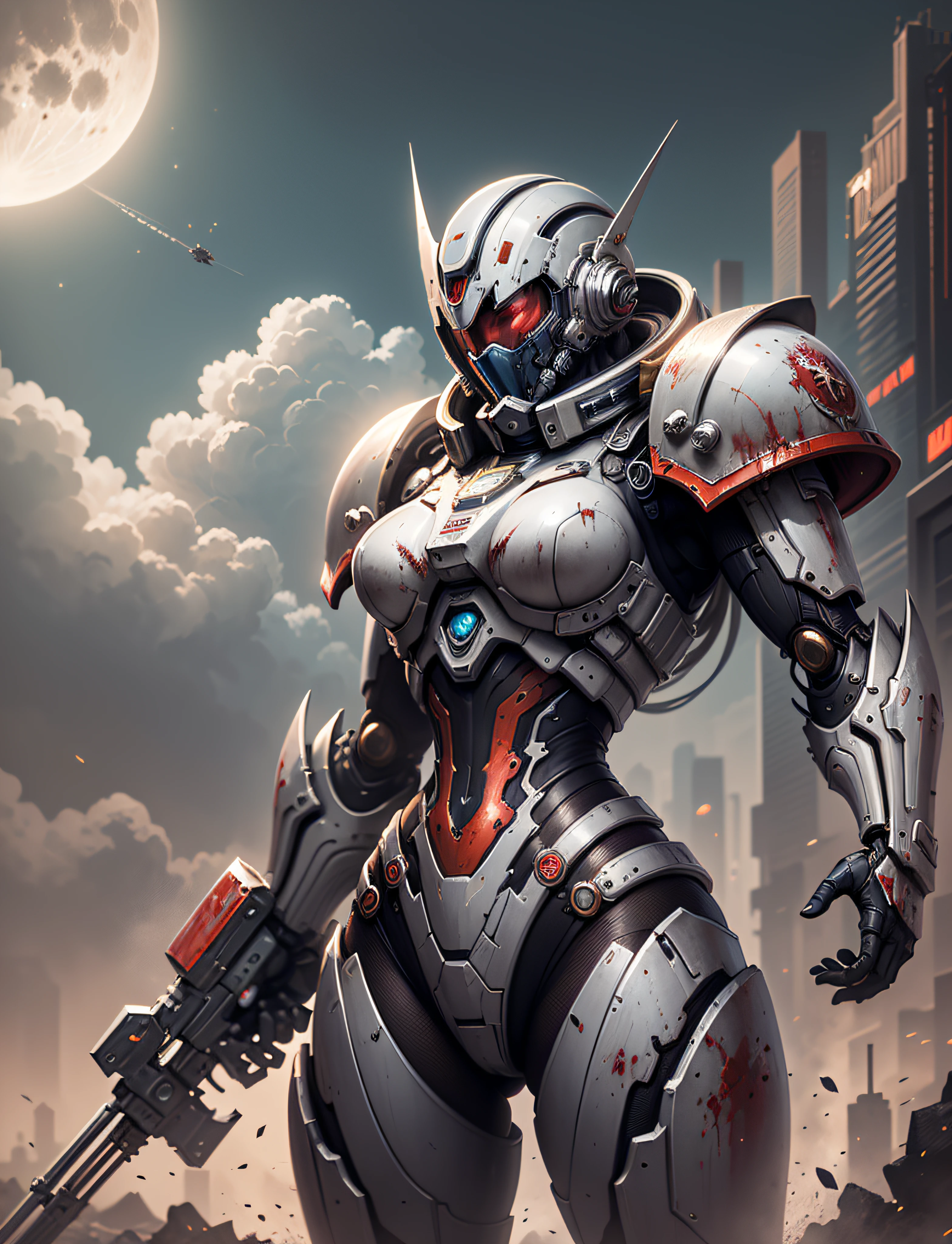 Space marine, harhammer 40,000, world at war, beautiful cyberpunk woman with very detailed mecha treatment, vibrant colors, metallic red, dirty with blood, with sky with clouds and full moon, full body with detailed armor, bloody battlefield,