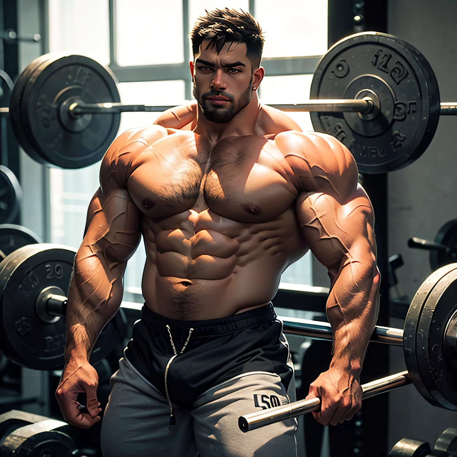 arafed man with a barbell in a gym room, exaggerated muscle physique, exaggerated physique, big wide broad strong physique |, massive muscles, large muscles, strong masculine features, bodybuilder physique, big muscles, strong and muscular, bulging muscles, huge muscles, muscular character, extremely muscular, muscular build, bodybuilder body, bodybuilder --auto