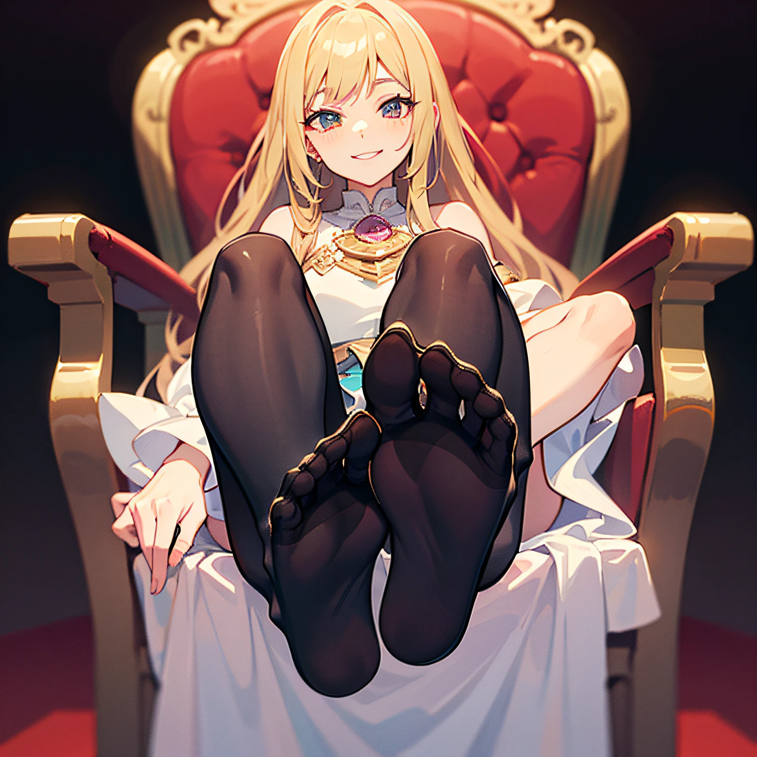 A close-up of a person sitting on a throne with a pair of feet, soles of feet facing you, anime girls sitting, beautiful anime girls sitting down, smiling expressions, kavasi, fine details, wearing pantyhose, detailed legs looming over you