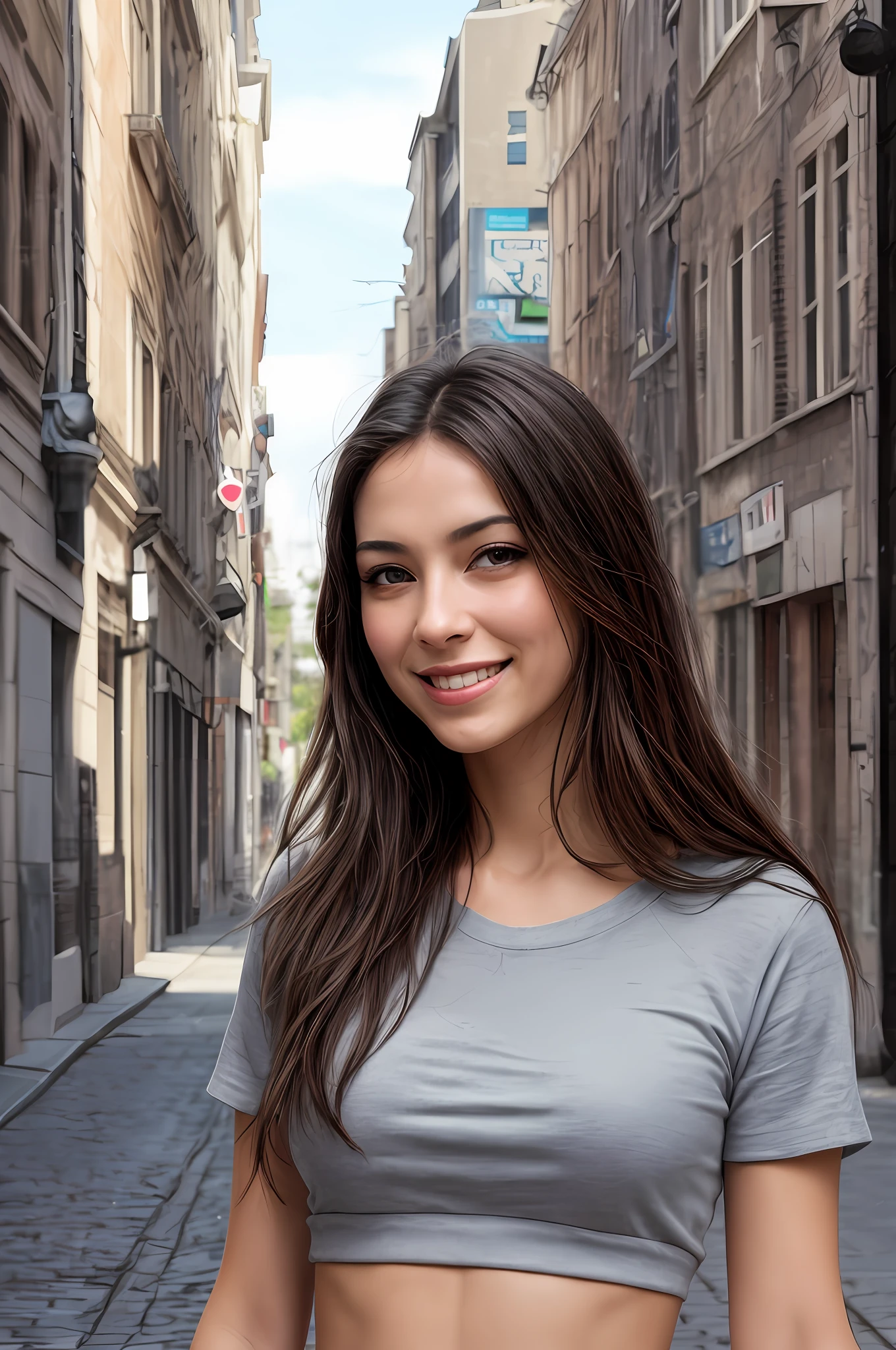 masterpiece, best quality, ultra-detailed),(1fox), blue eyes, long hair, brunette, dynamic angle, dynamic posture, natural light, floating, (|black top), (jeans:1.2|leather pants:0.9), (silver strap:1.2|watch), (natural background:0.8| cityscape), (smile:0.8| serious expression), (light in hair), many drops of water:0.8