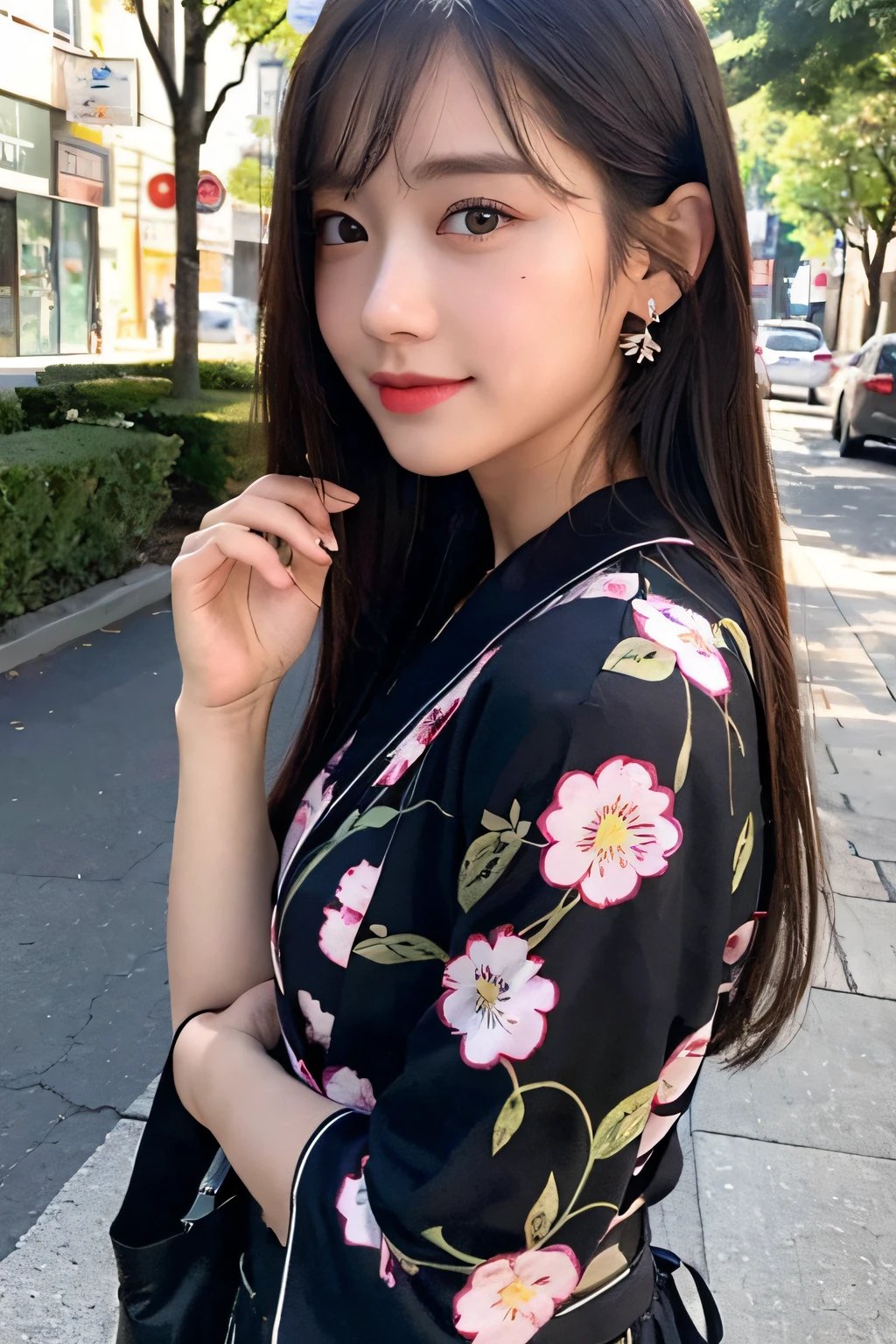 (8k, RAW photos, top quality, masterpiece: 1.2), ultra detail, ultra high resolution, (realistic, realistic photos: 1.37), high-definition RAW color photos, professional photos, Very delicate and beautiful, highly detailed 8k wallpaper, amazing, detail, huge file size, official art, highly detailed CG Unity 8k wallpaper, very detailed beautiful girl, very detailed face, very detailed eyes, Very detailed skin, very detailed fingers, very detailed nose, very detailed mouth, perfect anatomy, very detailed background, very detailed clothes, 1 girl, (18 years old: 1.2), teenager, cute girl, famous Japan idol, cute, (small: 1.2), realistic body, petite, fair skin, shiny skin, slender figure, good figure, dark hair, long straight hair, (dull bangs: 1.2), smile, cute, young, cute face, baby face, realistic face, beautiful detailed eyes, drooping eyes, beautiful big eyes, big black eyes, beautiful clear eyes, yukata, thighs, necklace, earrings, If you look at the viewer, cowboy shot, front view, standing position, contrappost, outdoor, public, crowd, dynamic lighting,