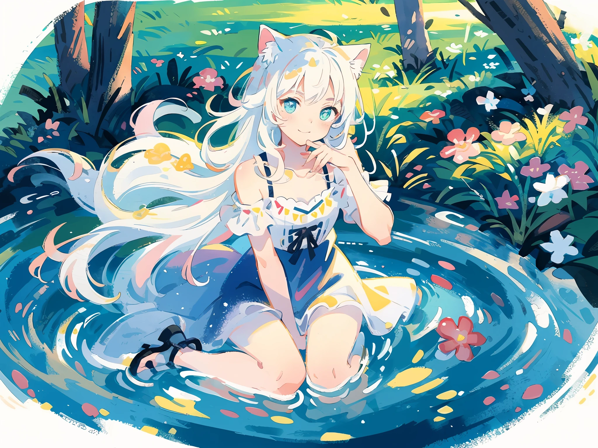 (highest quality), (masterpiece: 1.2), (colorful: 0.9), (ink splash)), (color splashing), (watercolor)))), clear focus, model shot, full body,
(Summer Portrait Goddess: 1.5), cute look, cat ears, elegant white colored hair, beautiful detailed face and eyes, elegant goddess clothes, ((Summer forest background)),
Colored Water, Forest