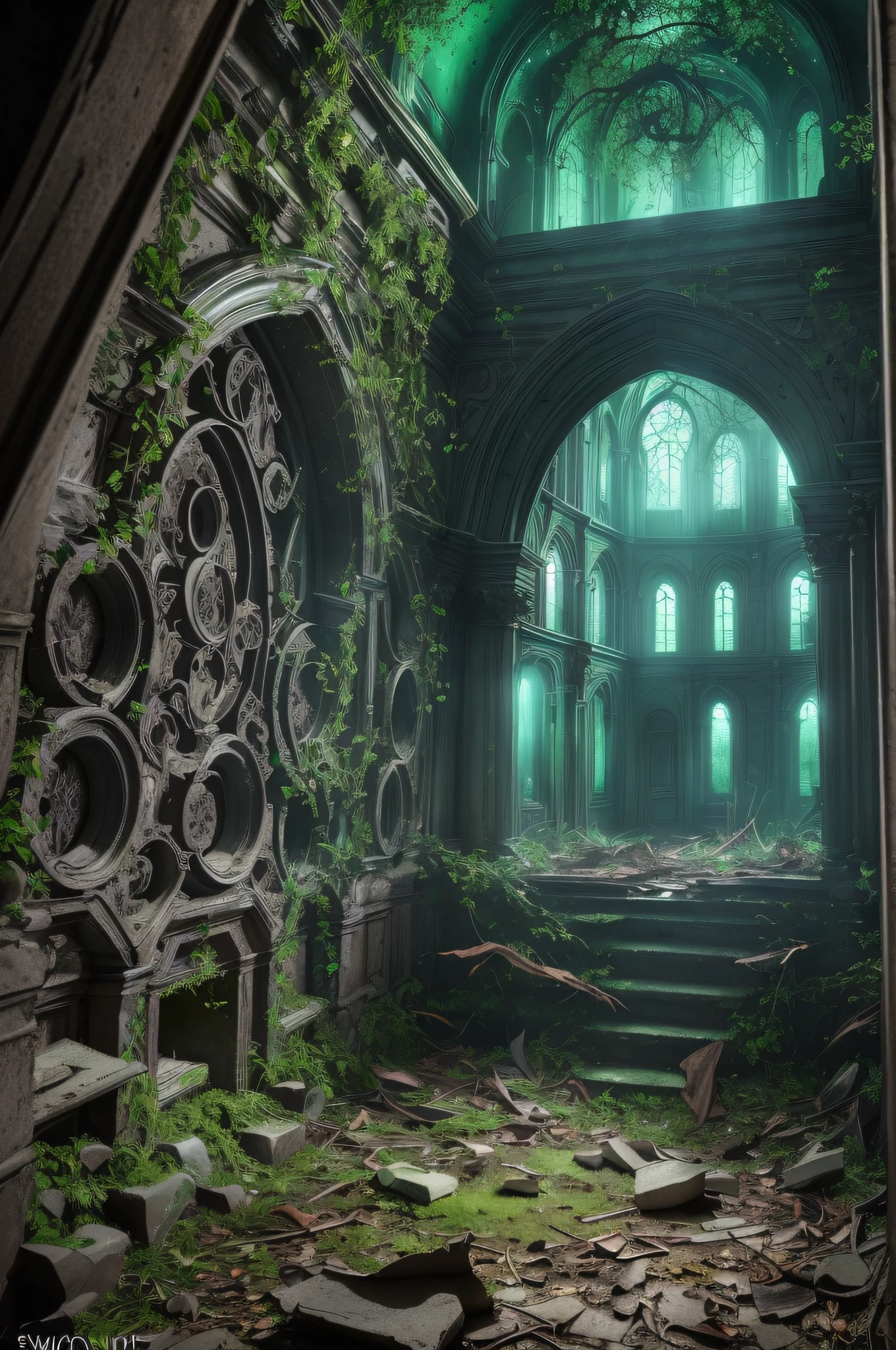 ((photo)), ((best quality)), ((masterpiece)), ((detailed)), ((cinematic), ((captured from eye level)), a dark gothic and creepy professional photo backdrop with lots of ornate stonework and a large room filled with debris and dead and rotten foliage, a magical green neon glowing, particle swirling, portal open to an alternate dimension showing a bright and beautiful world beyond the opening is prominent.