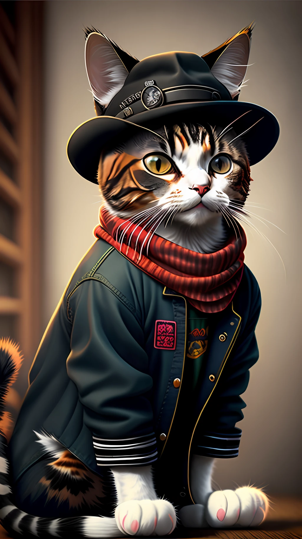 image of a cat with hat and scarf, art station trend, dressed in punk clothes, hyper realistic detailed rendering, british gang member, urban style, intimidating pose, planet of cats, fashionable clothes, urban samurai, meow, west slavic traits, circular design, shirt design