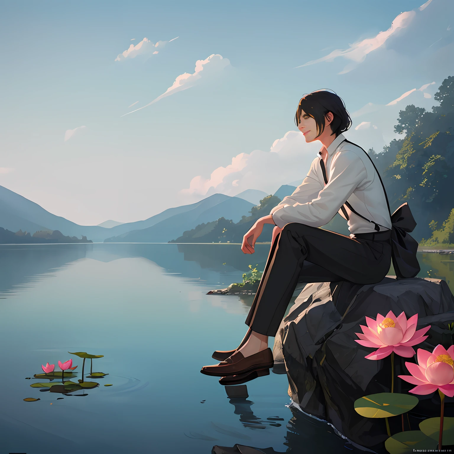 there is a man sitting on a rock fishing in the lake, face, black hair, smiling, beautiful digital artwork, serene illustration, dreamlike digital painting, by Li Song , film. by leng jun, beautiful art uhd 4k, by Yang J, beautiful digital painting, beautiful digital painting, in a serene landscape, sitting on a lotus flower