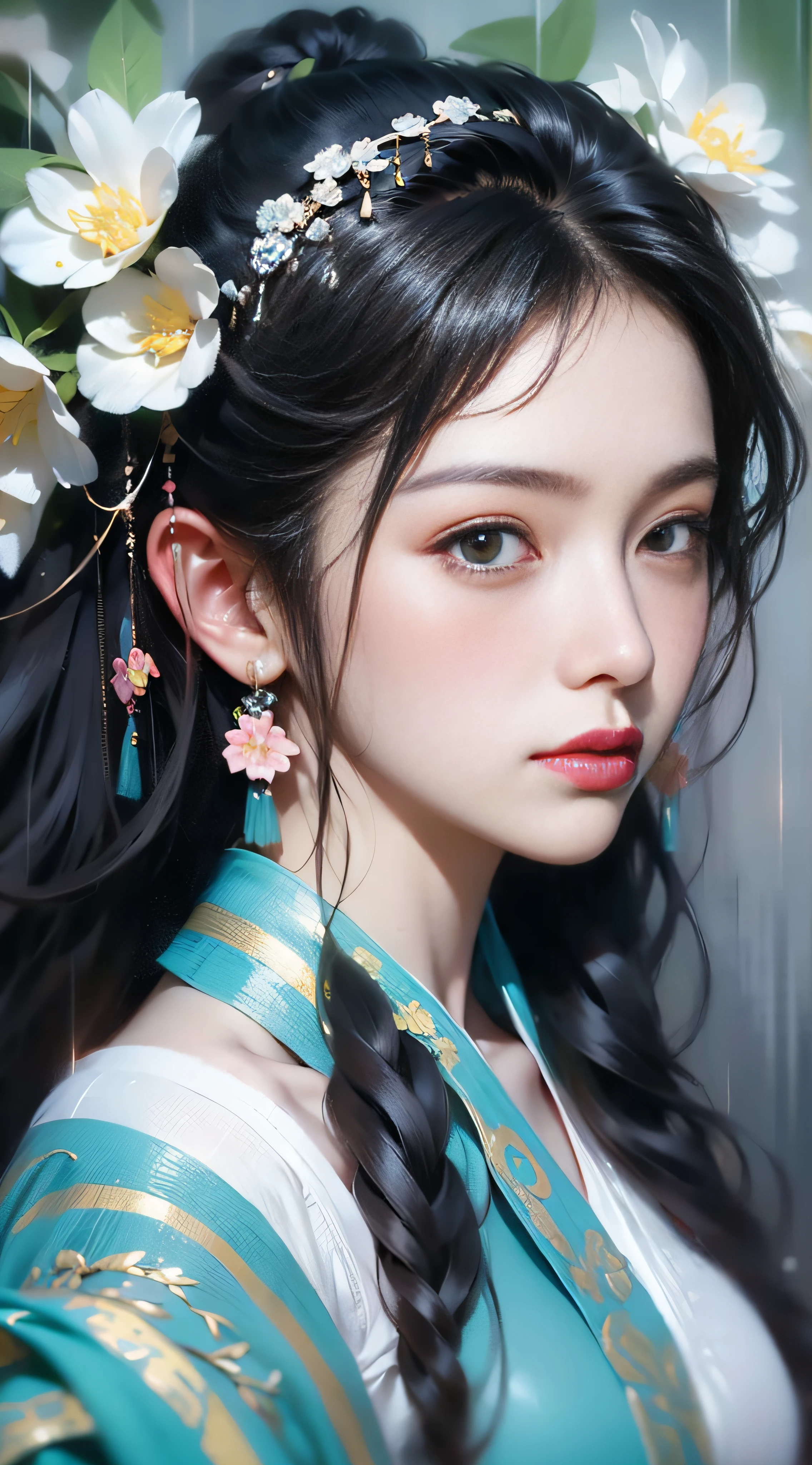 (Chinese landscape), (Zen, Emisore style), 1 girl, upper body portrait close-up, hazy beauty, extremely beautiful facial features, blue Hanfu, hairpins on the head, (spring, rainy days, terraces, mountains), simple vector art, contemporary Chinese art, color gradient, pastel color palette, layered form, whimsical picture