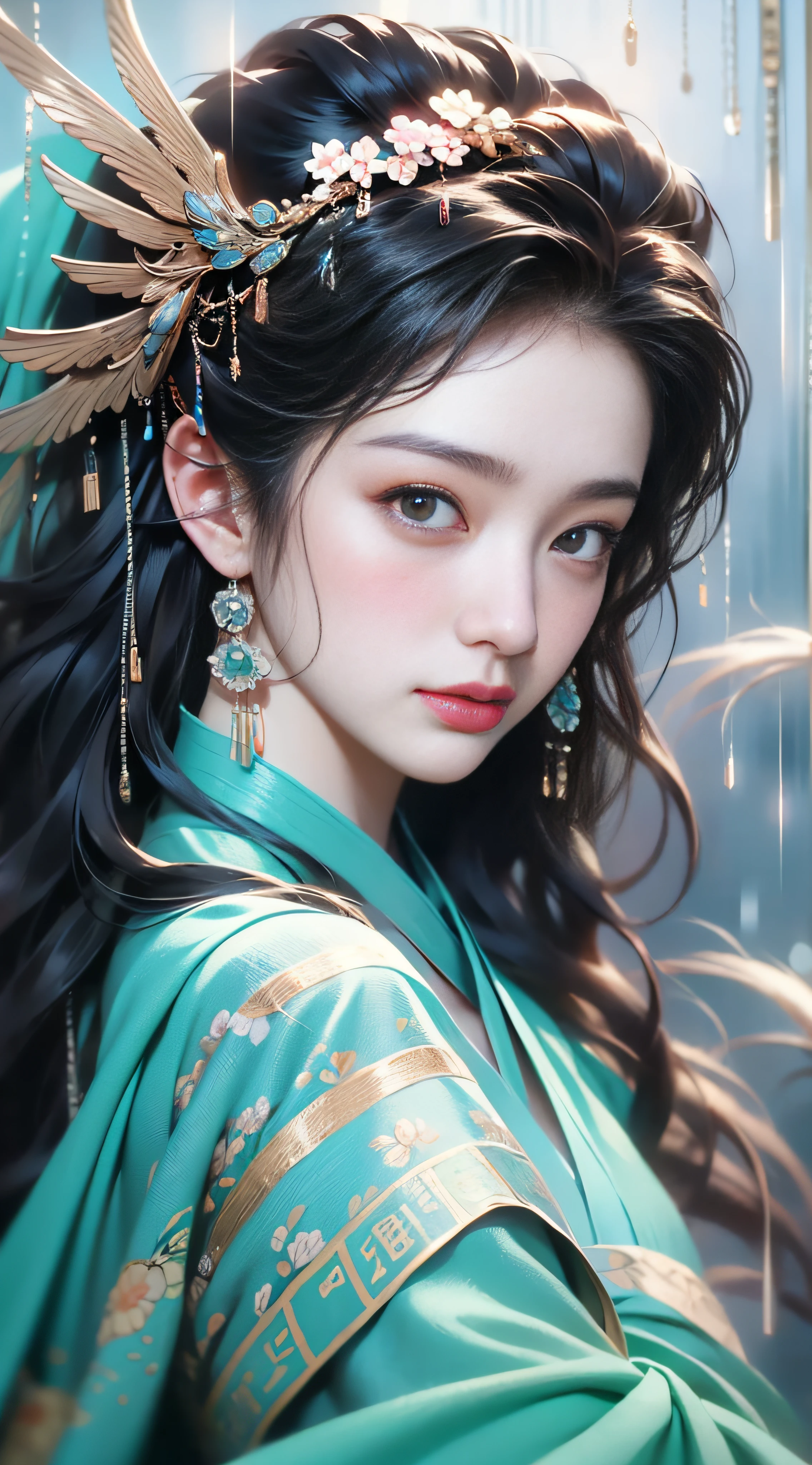 (Chinese landscape), (Zen, Emisore style), 1 girl, upper body portrait close-up, hazy beauty, extremely beautiful facial features, blue Hanfu, hairpins on the head, (spring, rainy days, terraces, mountains), simple vector art, contemporary Chinese art, color gradient, pastel color palette, layered form, whimsical picture