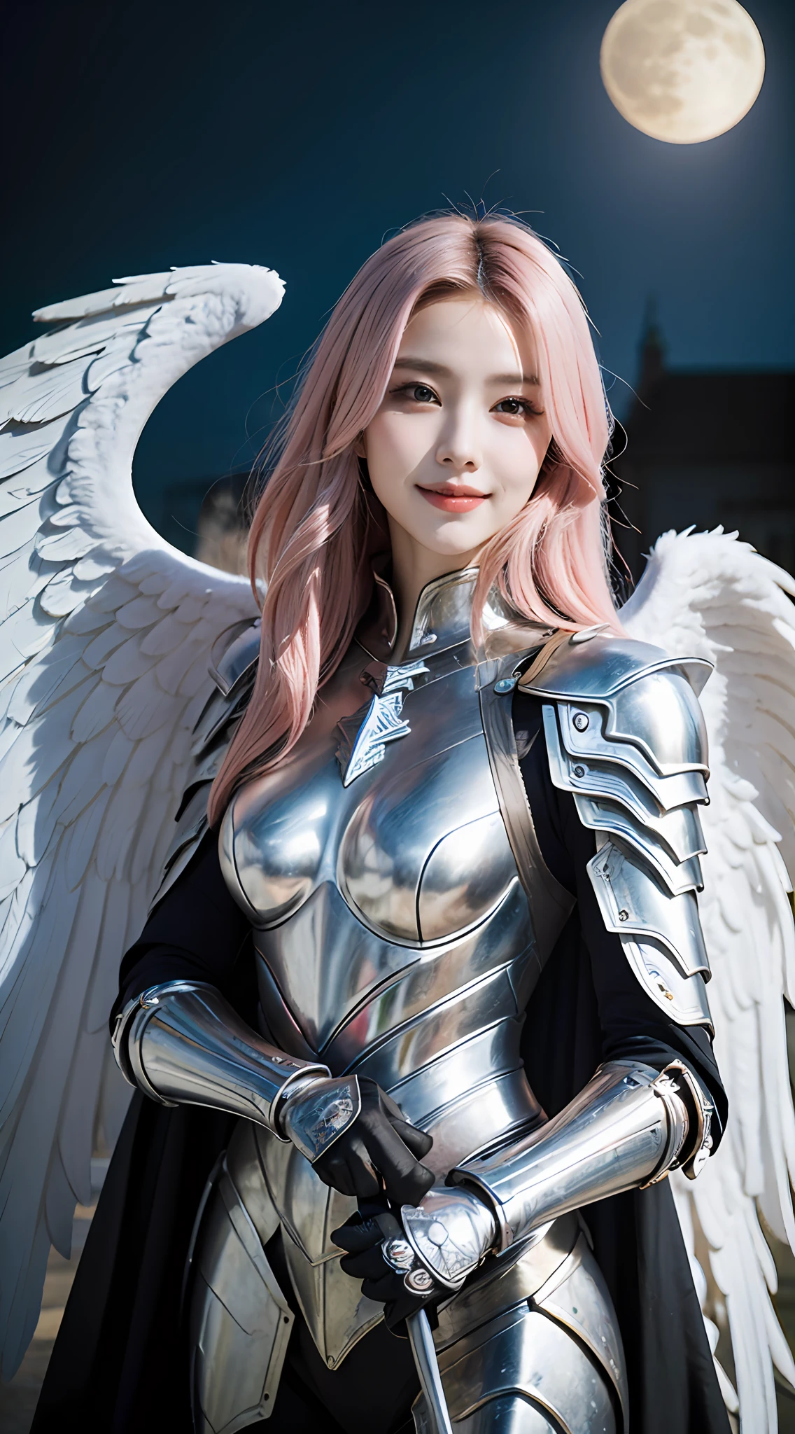 (RAW photo, best quality), (realistic, photo-realistic:1.2), a close up portrait photo,1girl,((holding weapon)),((white angel wings)), castle, outdoor, smile, (high detailed:1.4), moon, moonlight, near moon, big moon, soft light, high image quality, fair skin, full, direct vision, straight vision, full body, depth of field, colorful star track, gothic architecture, realism, oil painting (medium), solo, long hair, pink hair_gray eyes, eye contact, standing, hitting the sea, 1 female, silver armor, ((white angel wings)), feathers, Valkyrie, helmet with wings, cape, gorgeous, smile, extremely detailed, (masterpiece, best quality: 1.2), Valkyrie,