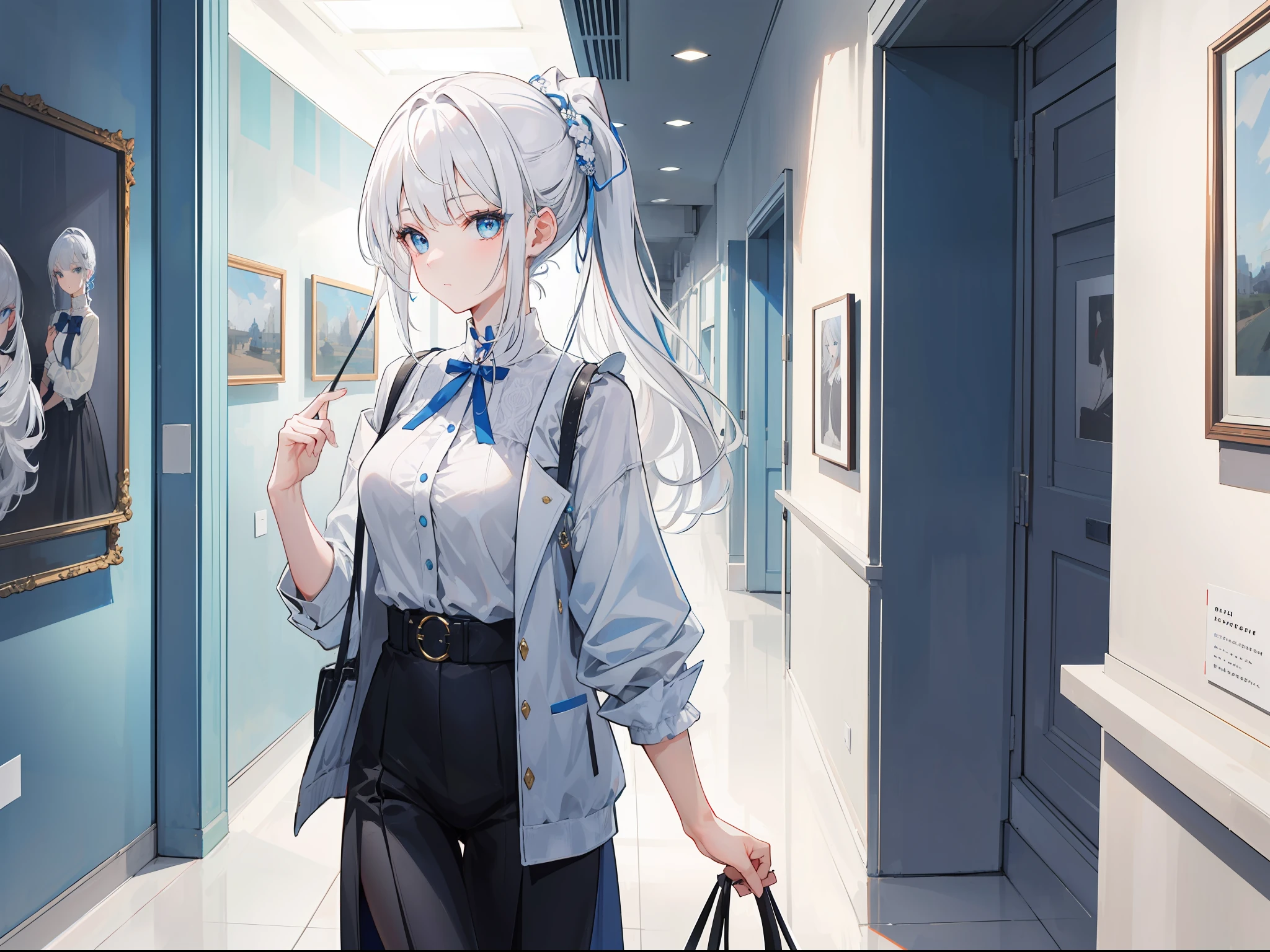 Create a girl with flowing vibrant white hair and striking sharp blue eyes, her hair tied up beautifully, she was dressed for a walk in a stylish modern white, she waiting inside front of museum art